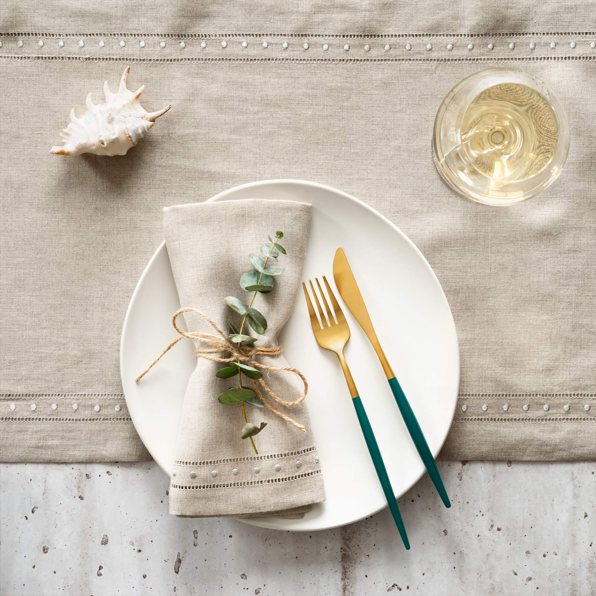 Premium 100% Flax Linen Napkins Set of 4 - 18x18 Inch Natural Dinner Napkins with Embroidered Dot Design & Hemstitch Edge | Washable & Durable for Easter, Spring Decor, Wedding, Dinner Party & Home Decor