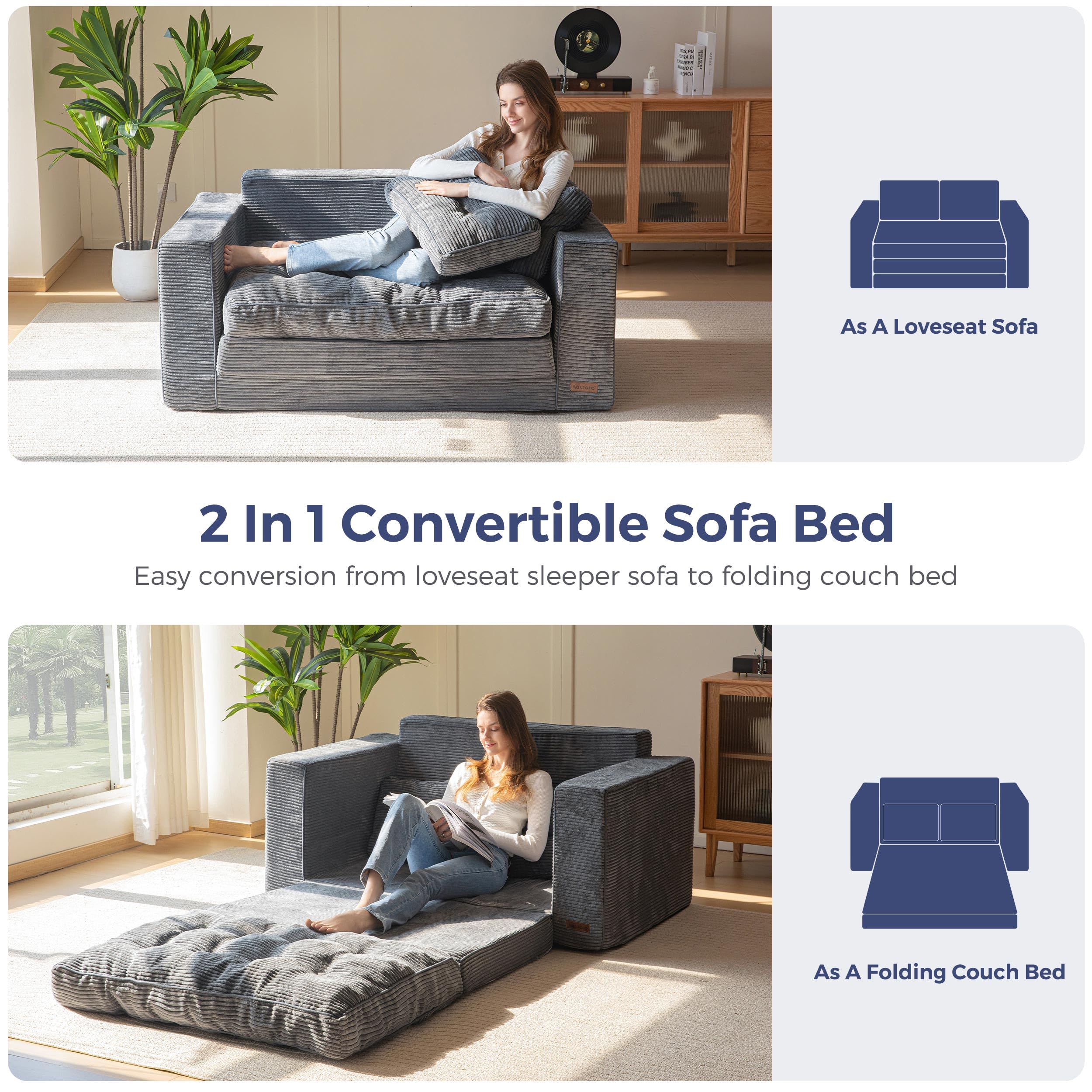 MAXYOYO Convertible Sofa Bed - Corduroy Floor Couch for Small Spaces | Dark Grey Convertible Sleeper Sofa | Perfect for Guest Room, Studio Apartments & Dorm Living