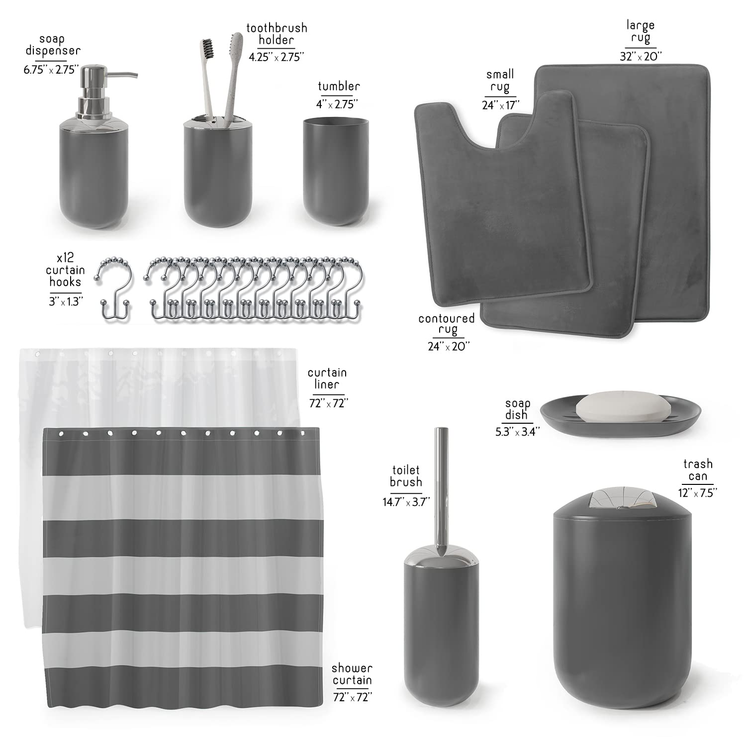 Clara Clark 23PC Gray Bathroom Set - Shower Curtain & Accessories for Modern Bathrooms
