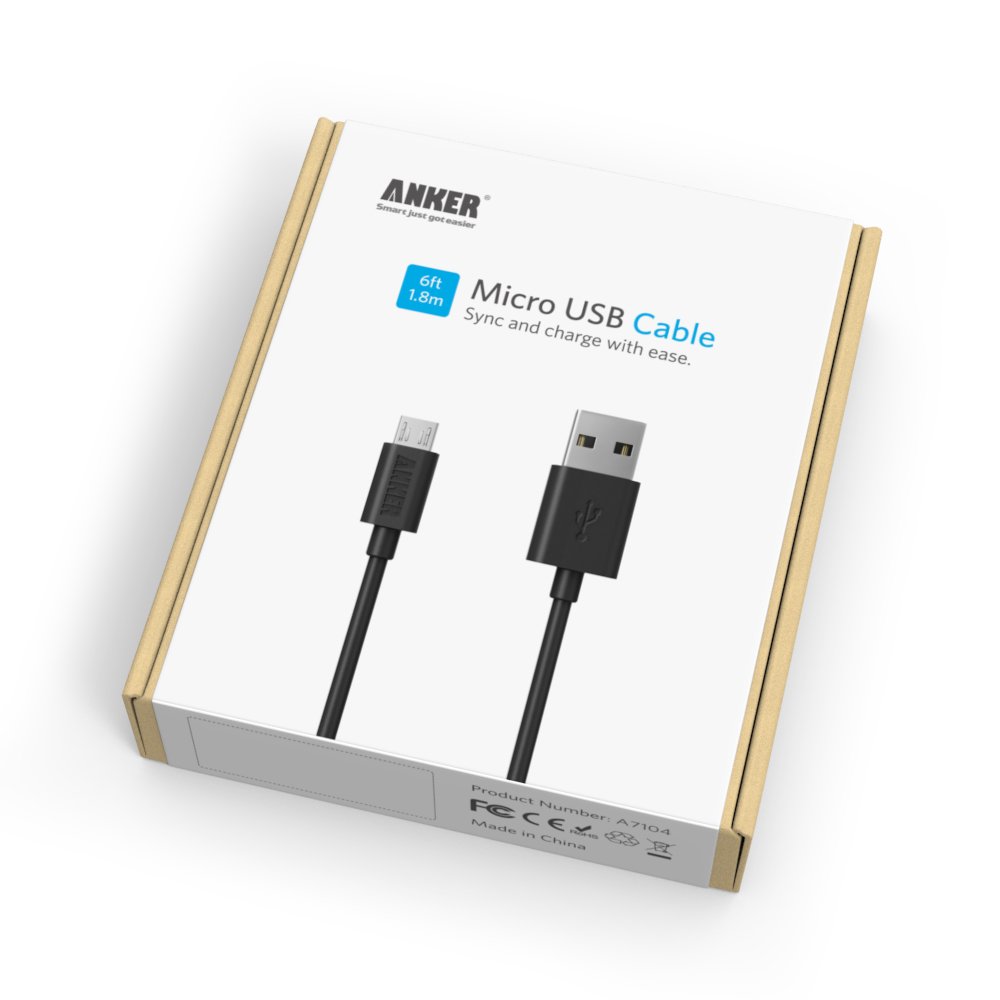 Anker 6ft / 1.8m Micro USB to USB 2.0 Fast Charging Cable - High Speed Data Sync for Android Phones, Samsung, LG, Sony, HTC, Motorola, Nokia, BlackBerry - Perfect for Home, Office & Car Charging