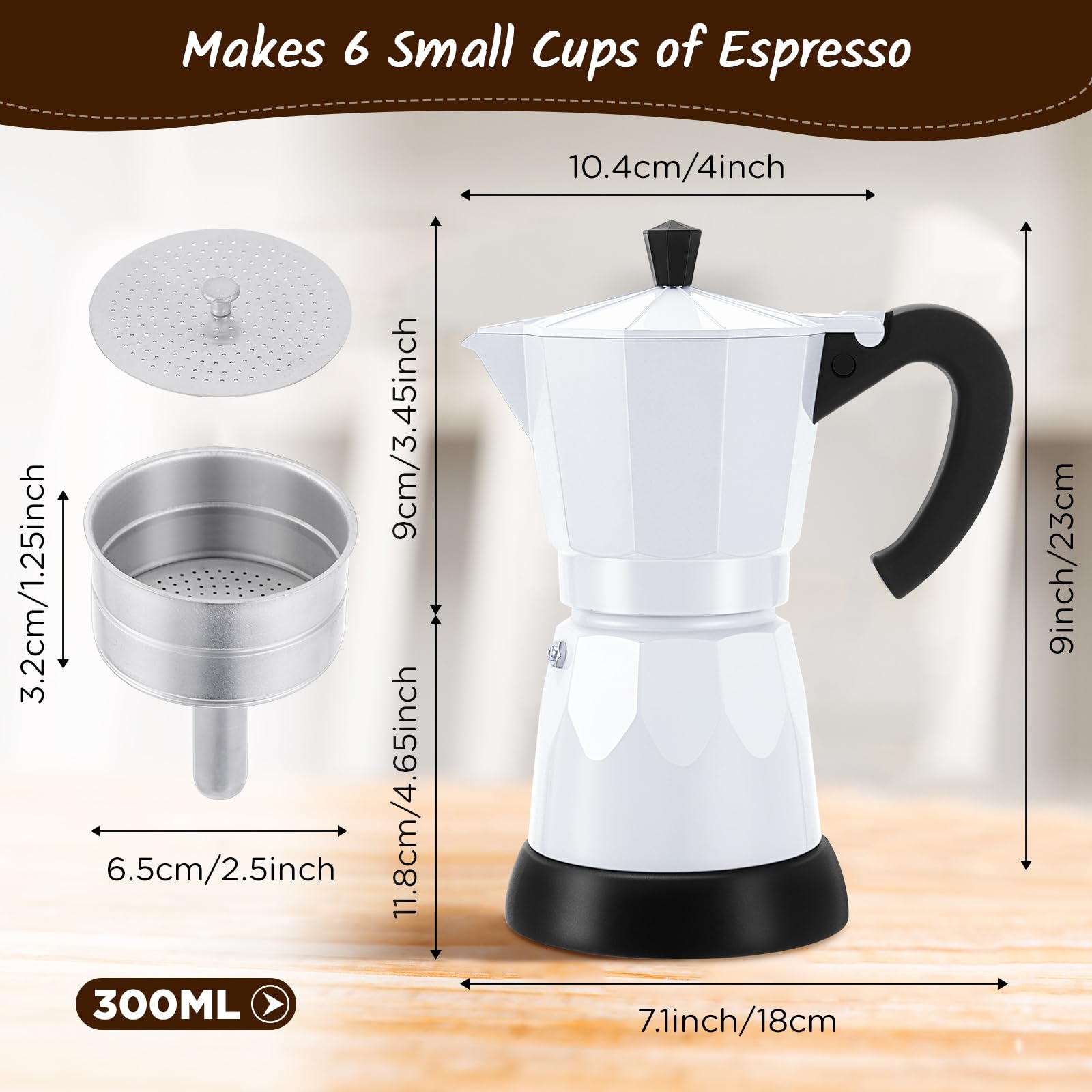 6 Cup Electric Espresso Coffee Maker - Italian Moka Pot 300ml Portable Aluminum Stovetop Coffee Machine with Detachable Base - Perfect for Home, Office & Travel Use (White) - Ideal Gift for Coffee Lovers