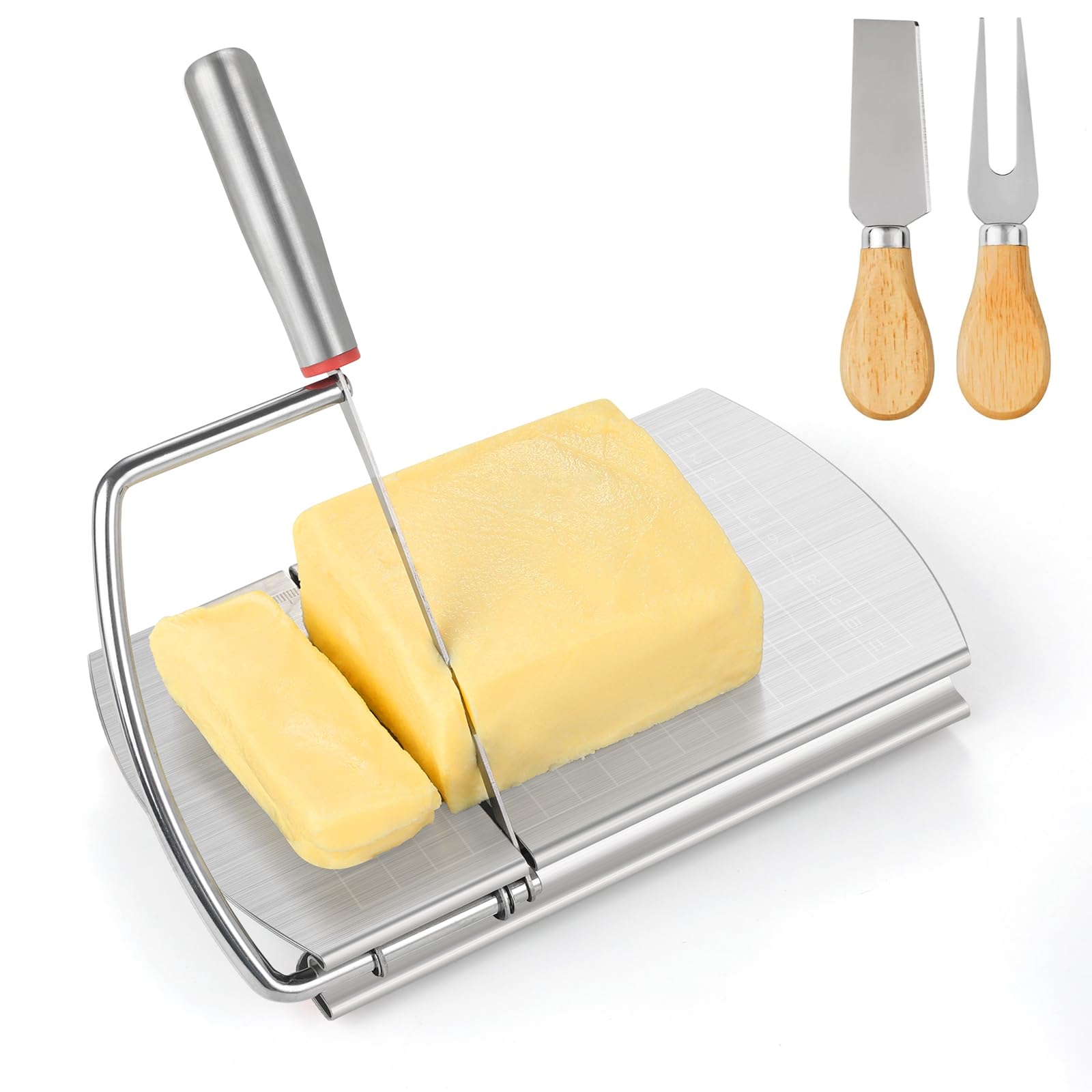 Premium Stainless Steel Cheese Slicer & Cutter Set - 2 Wooden Handle Cheese Knives + Cheese Board with Blade - Perfect for Block Cheese, Charcuterie Boards, Wine Parties & Gourmet Kitchen Use