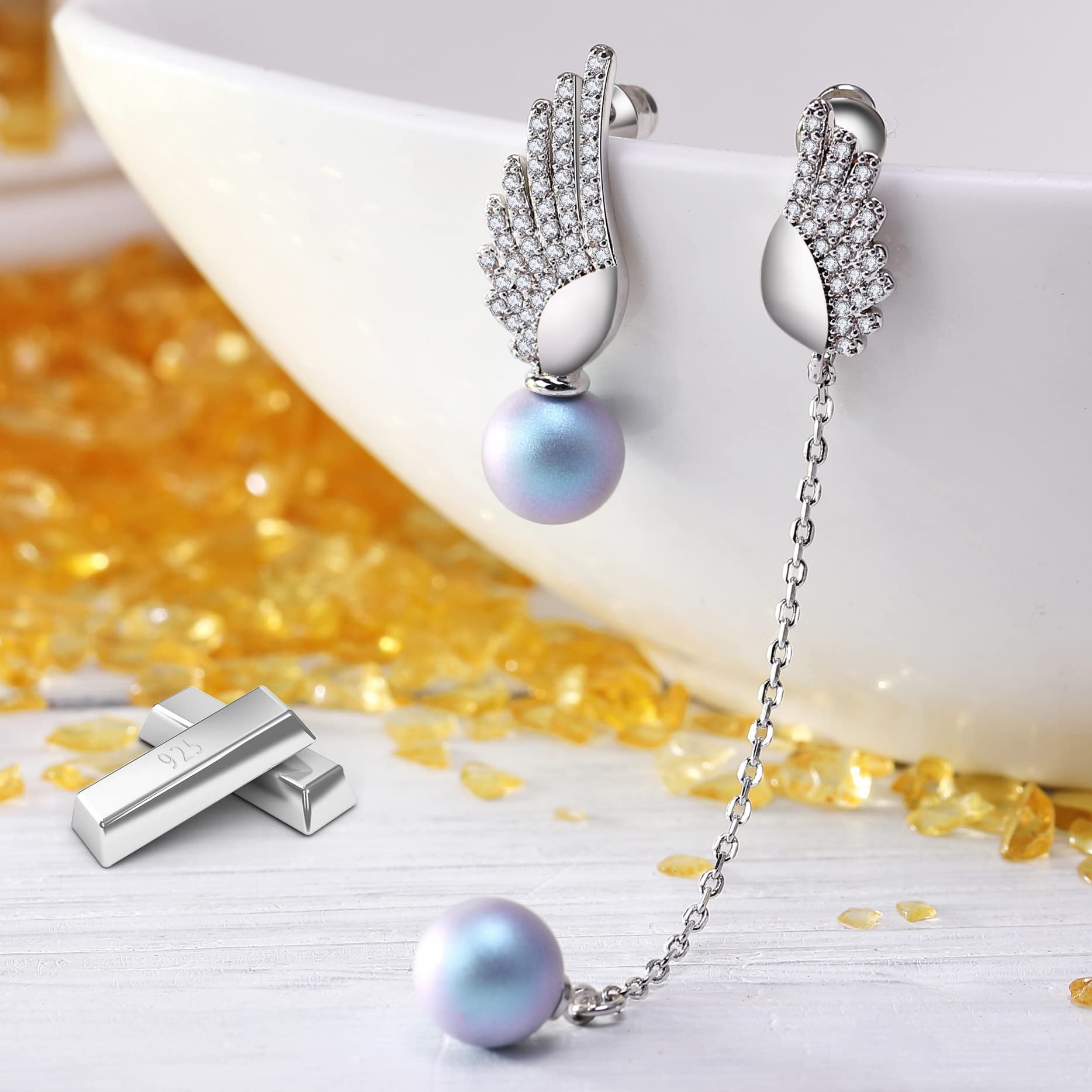 Richapex Asymmetrical Pearl Drop Dangle Earrings - 925 Sterling Silver Frosted Crystal Earrings with Angel Wing Design | Hypoallergenic Jewelry for Women | Perfect Anniversary & Birthday Gift for Her | Elegant for Weddings, Parties & Special Occasions