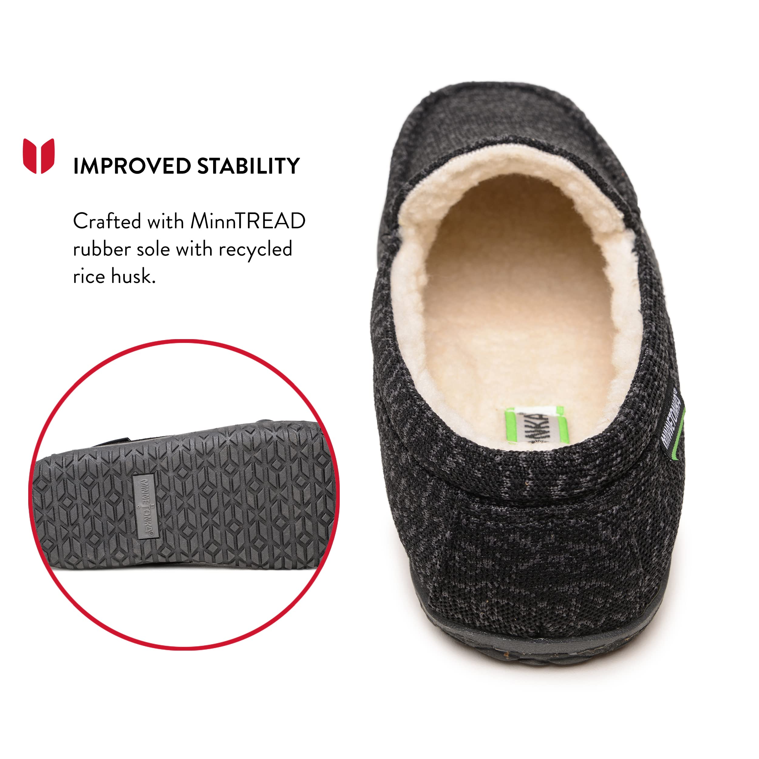 Minnetonka Men's Eco-Friendly Slip-On Loafers - Recycled Berber Lining, Removable Footbed, Rice Husk Sole & Repurposed Fabric Upper | Comfortable Casual Shoes for Work, Travel & Everyday Wear