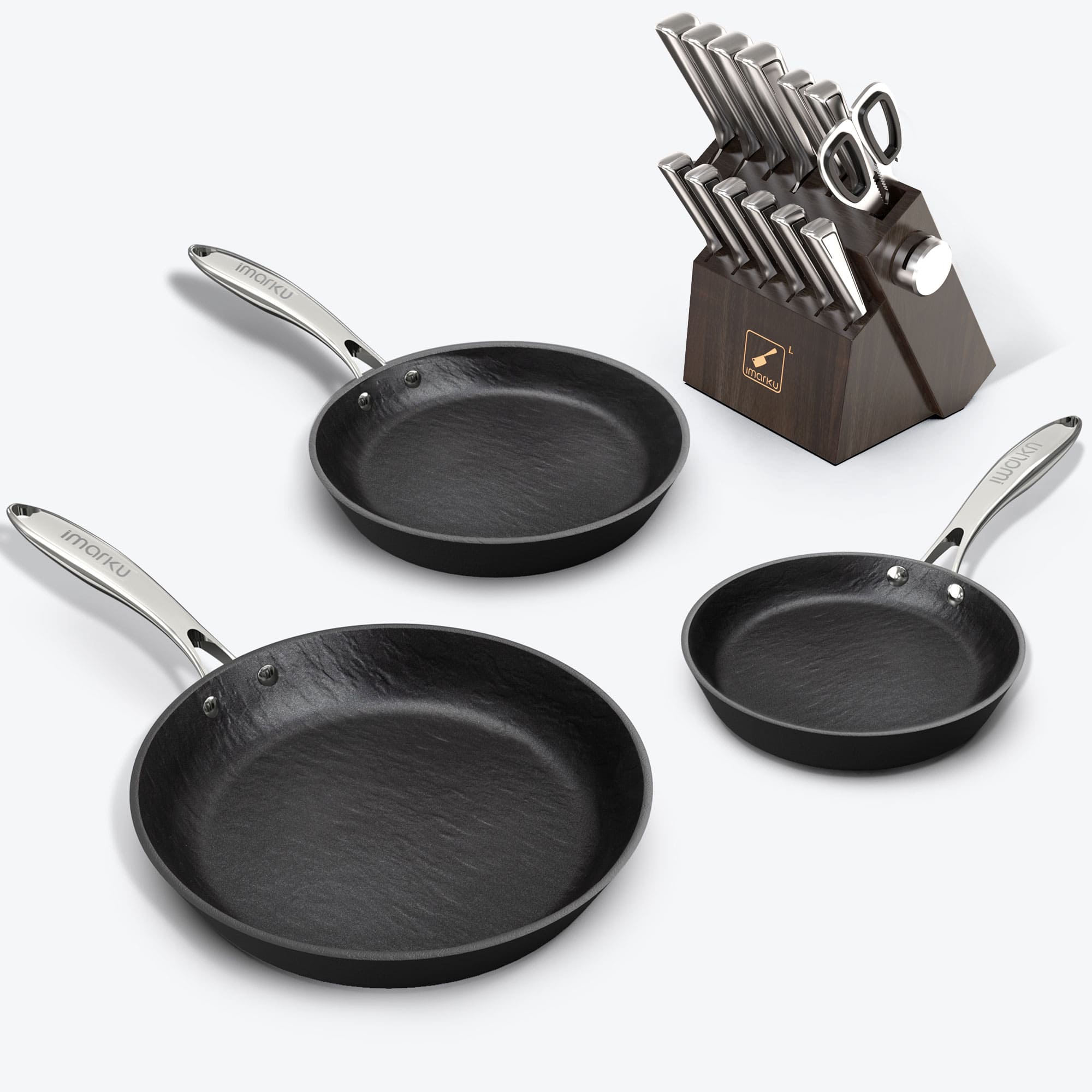 Premium Stainless Steel Knife Set with Built-in Sharpener & 3-Piece Nonstick Frying Pan Set - Professional Kitchen Cutlery for Cooking, Slicing, Dicing - Perfect for Home Chefs & Restaurant Use