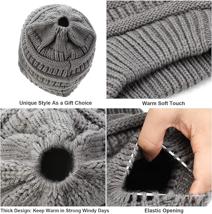 Soft Stretch Cable Knit Beanie Hat for Women & Girls - Warm Winter Ponytail Cap with Messy High Bun Hole - Cozy & Stylish for Outdoor Activities, Snow Days & Casual Wear