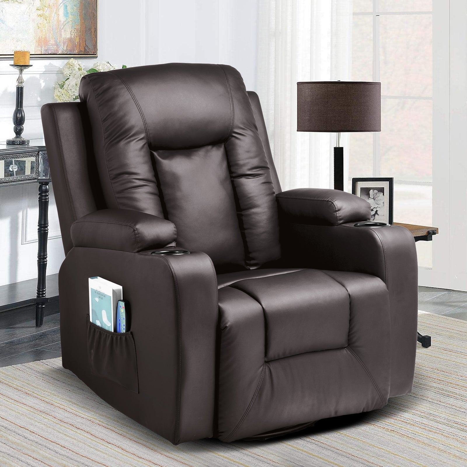 COMHOMA PU Leather Recliner Chair with Heat and Massage - Swivel Rocking Chair for Adults, Single Sofa Seat with Cup Holders & Side Pockets - Perfect for Living Room, Bedroom, Home Theater & Relaxation (Black)