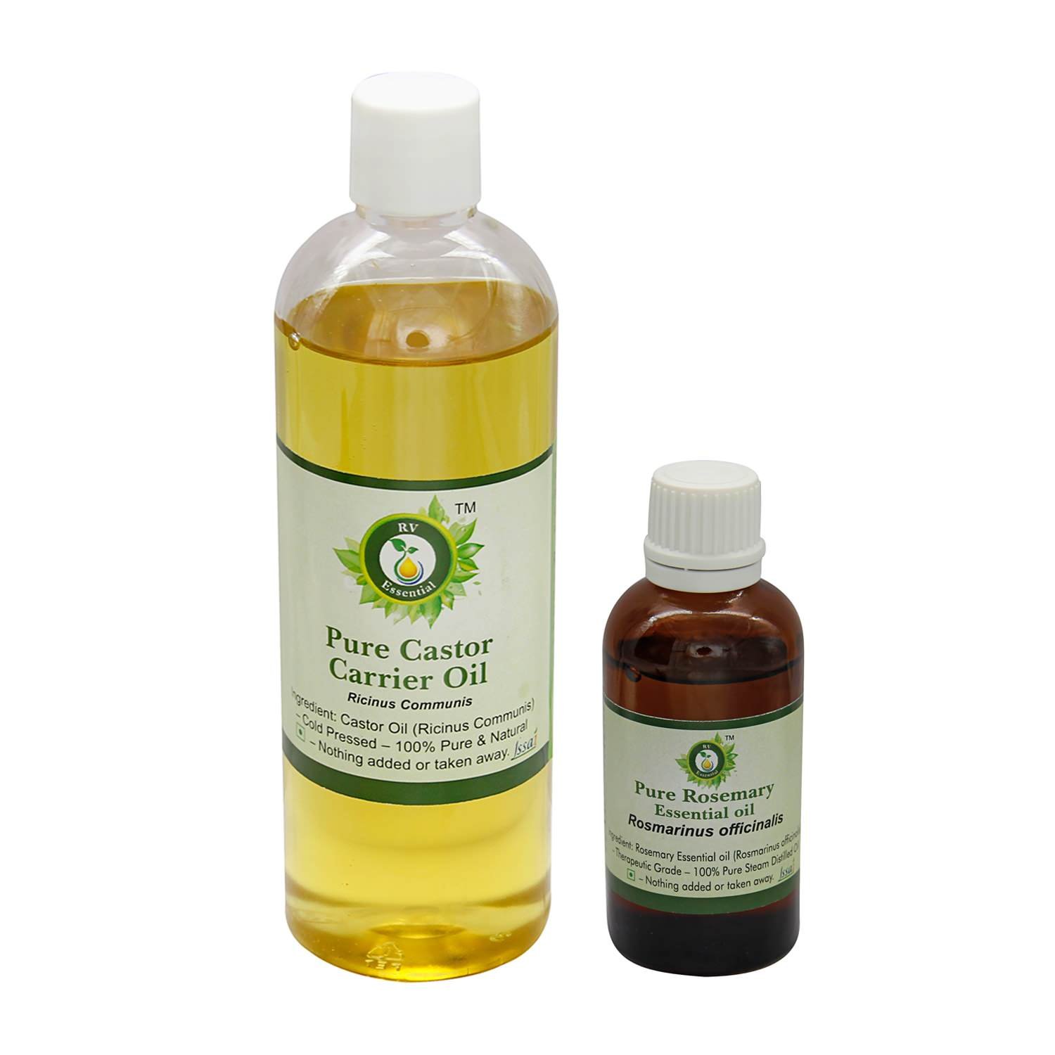 Organic RV Essential Castor Carrier Oil (100ml) & Rosemary Essential Oil (30ml) for Hair Growth, Skin Care & Aromatherapy - Natural Hair Treatment, Scalp Massage & DIY Beauty Recipes