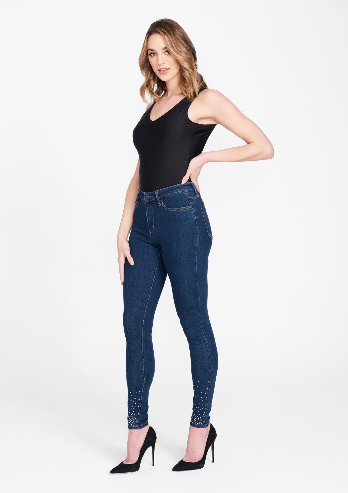 Stylish Siena Rhinestone Skinny Jeans for Women - High Waisted Stretch Denim Pants with Sparkling Crystal Embellishments | Perfect for Night Out, Party & Casual Wear