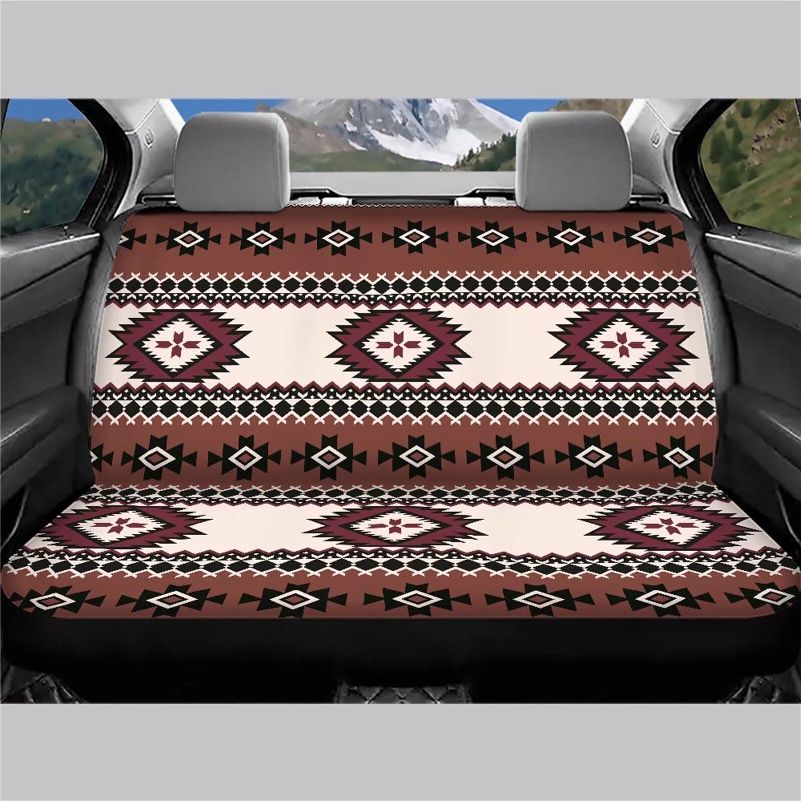 Aztec Rear Bench Seat Cover - Universal Stretchable Back Seat Protector for SUV & Truck - Split Design for Easy Access - Durable Car Interior Accessories for Kids & Pets - Perfect for Road Trips, Camping & Daily Commute