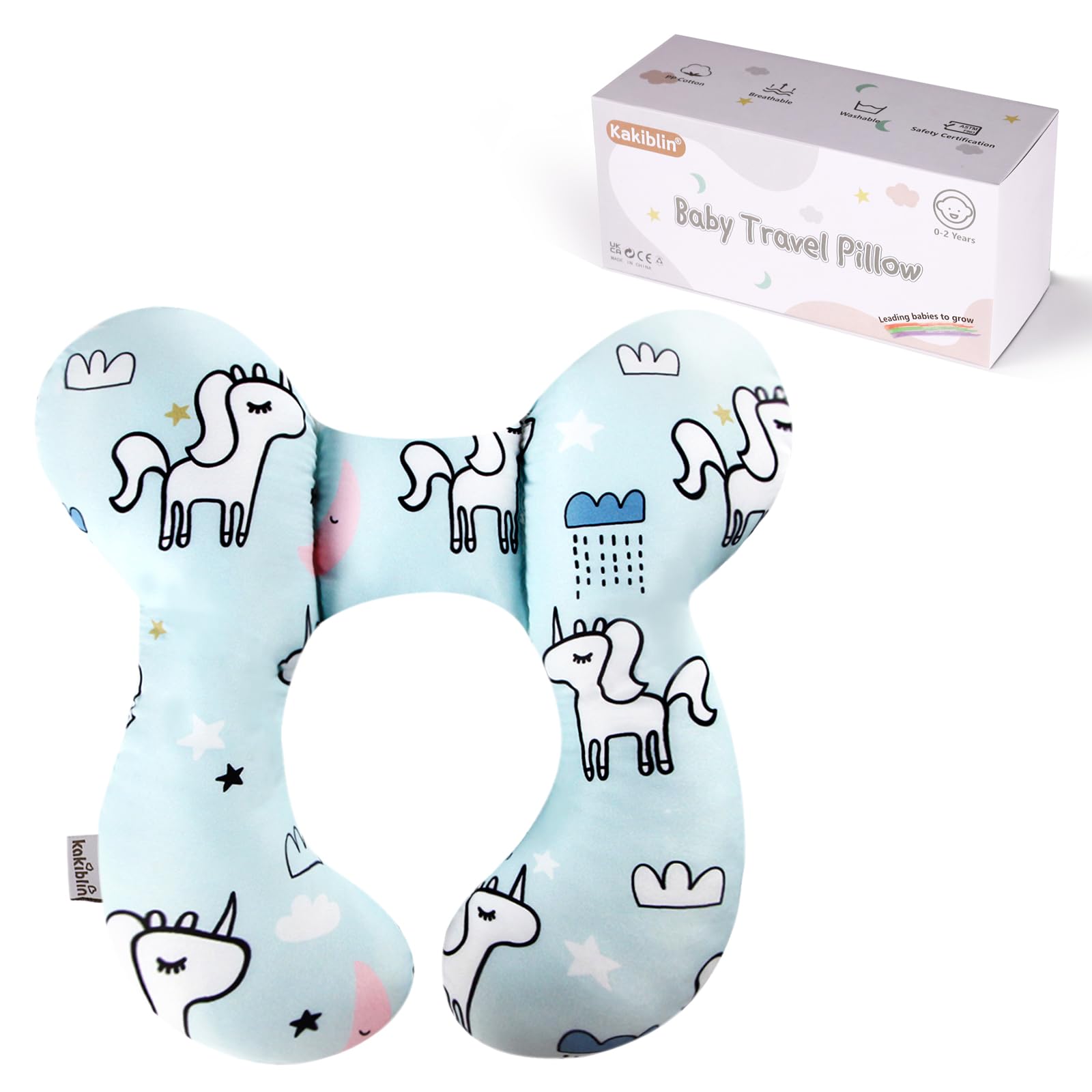 KAKIBLIN Upgraded Baby Neck Pillow for Car Seat & Pushchair - Soft Toddler Head and Neck Support Travel Pillow (Unicorn Design) - Perfect for Long Trips, Stroller Rides & Airplane Travel