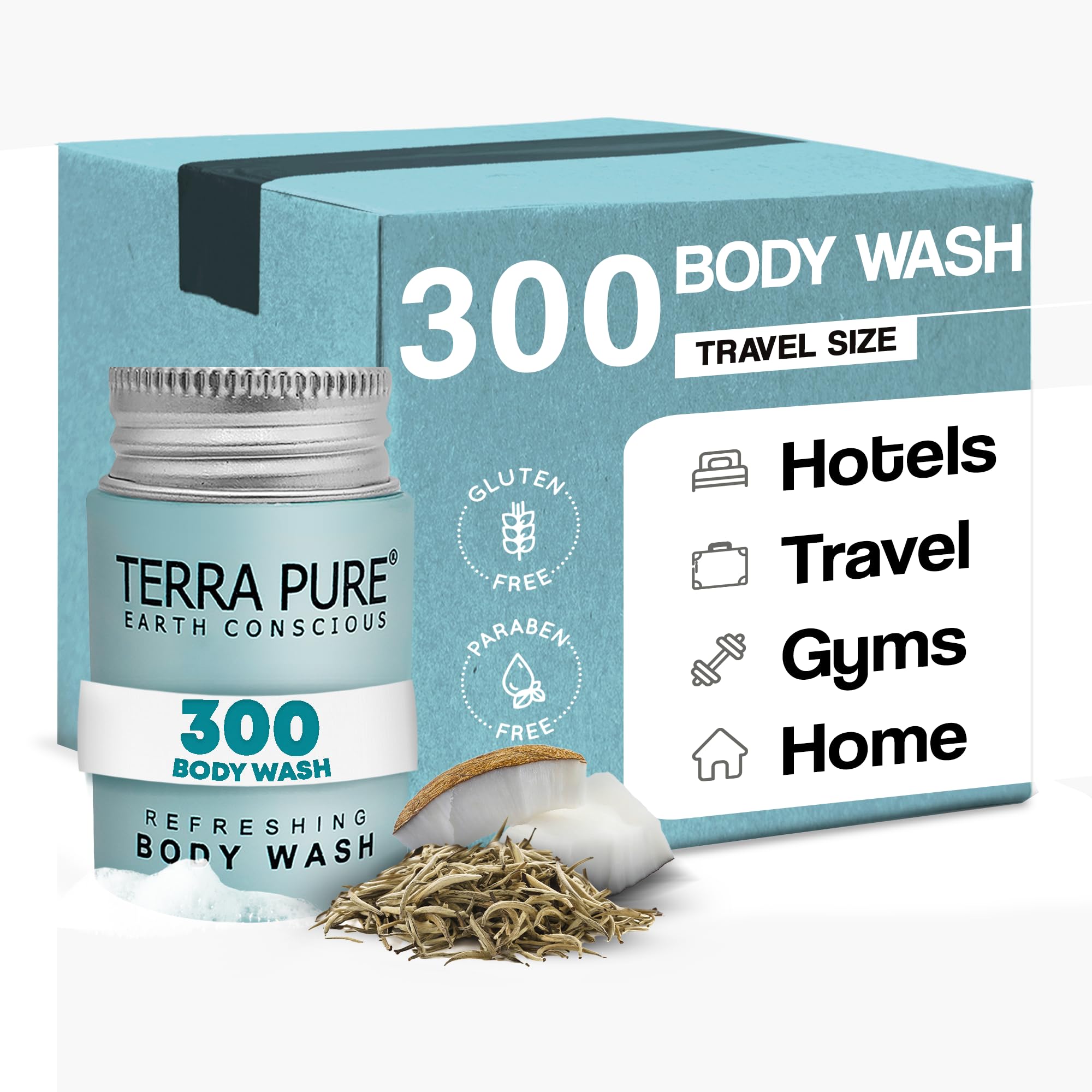 Terra Pure White Tea & Coconut Body Wash - Travel Size (1 oz) | Bulk Pack of 300 | Hotel Amenities & Sample Sizes for Travel, Gyms & Hospitality Use