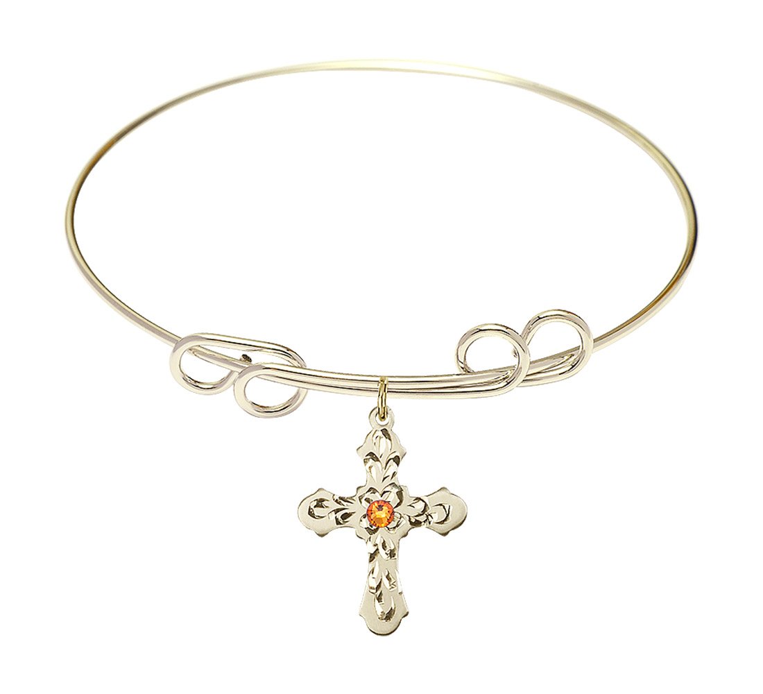 8 Inch Round Double Loop Bangle Bracelet with Cross Medal Charm & November Yellow Crystal - Elegant Jewelry for Women, Perfect for Parties, Weddings, and Daily Wear