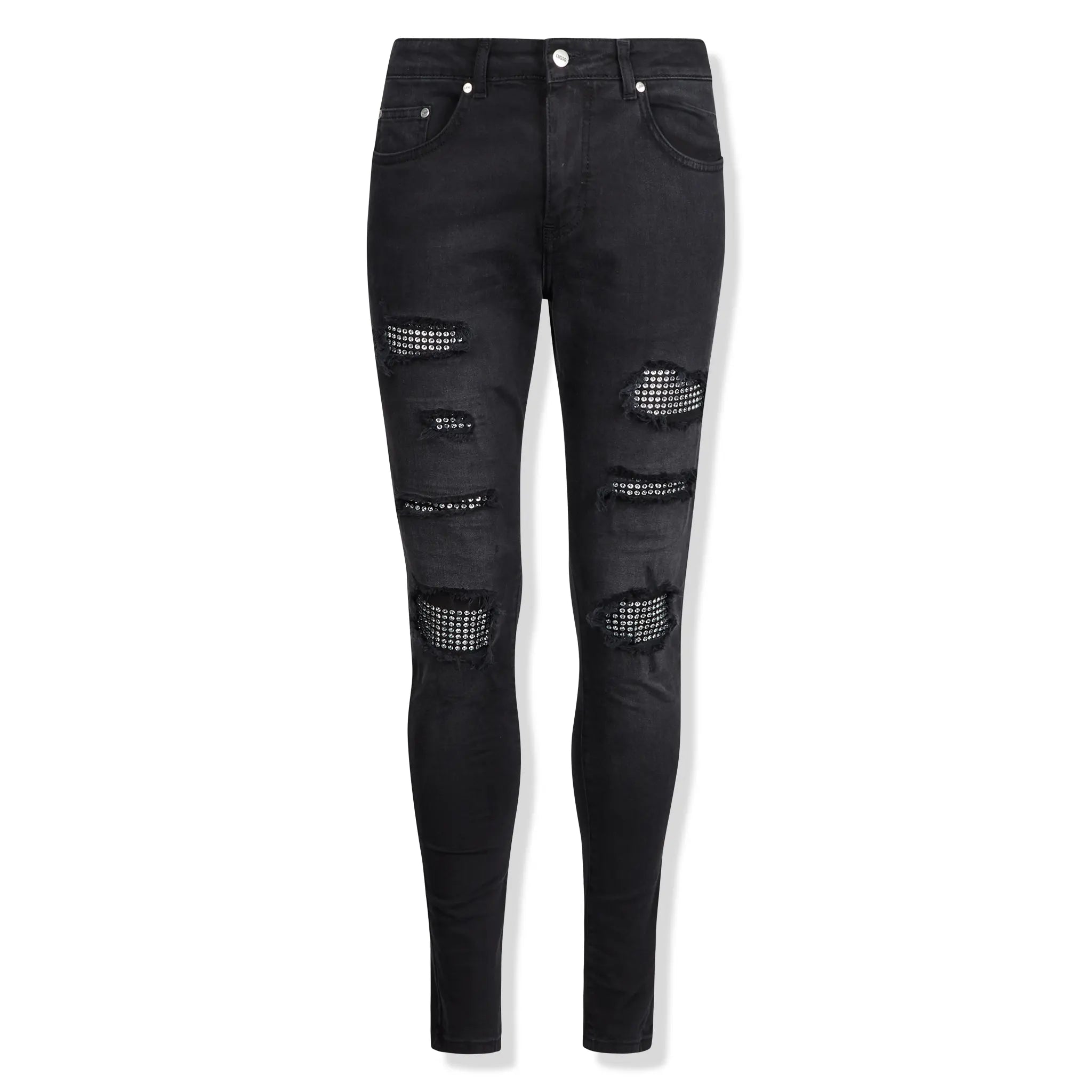 Lusso Distressed Diamanté Washed Black Denim Jeans for Women - Trendy Ripped Skinny Jeans with Rhinestone Details - Perfect for Night Out, Party & Casual Wear