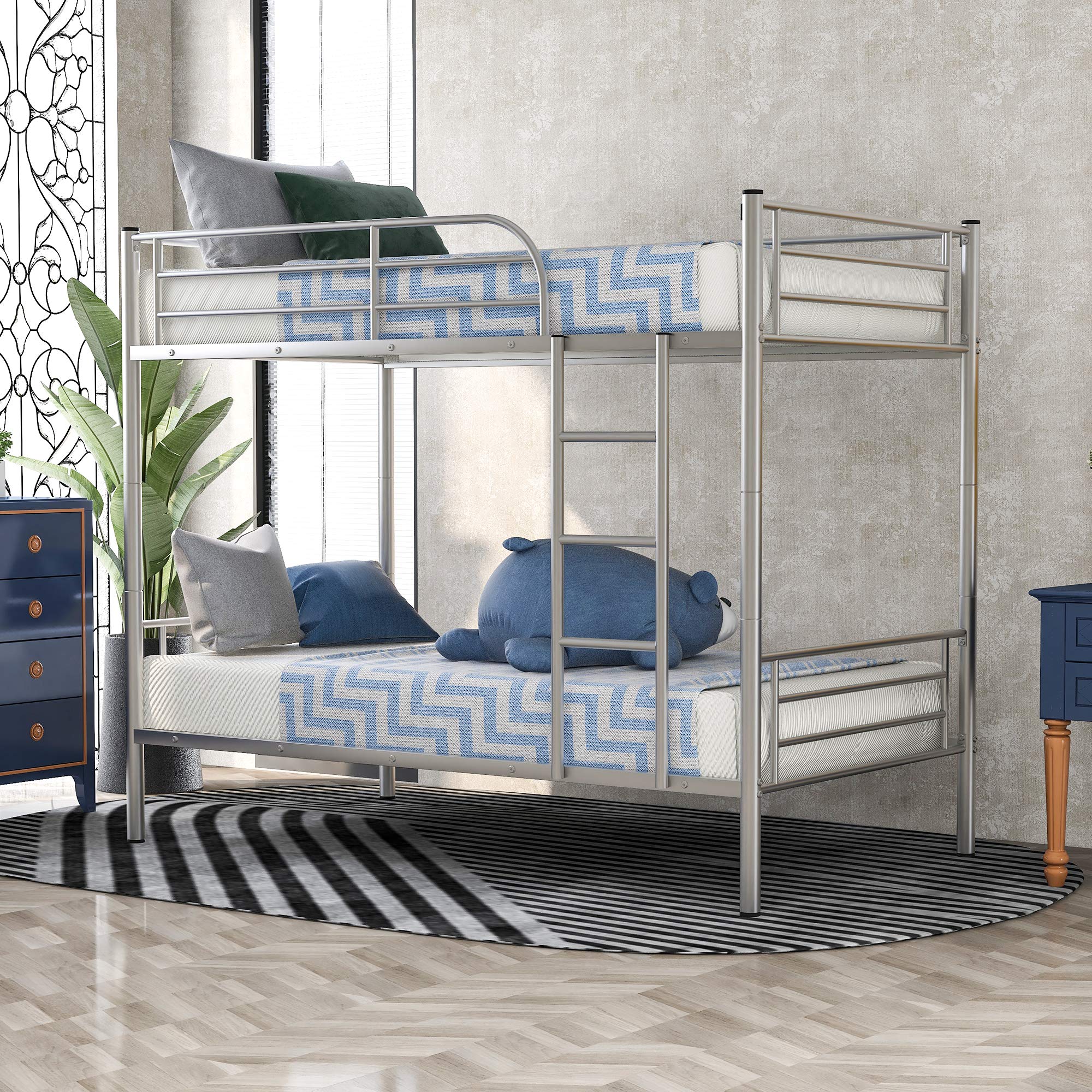 Twin Over Twin Metal Bunk Bed - Convertible to 2 Separate Beds, Heavy Duty Steel Frame for Kids Teens & Adults, No Box Spring Required (Silver) | Perfect for Dorms, Guest Rooms & Space-Saving Kids Bedrooms