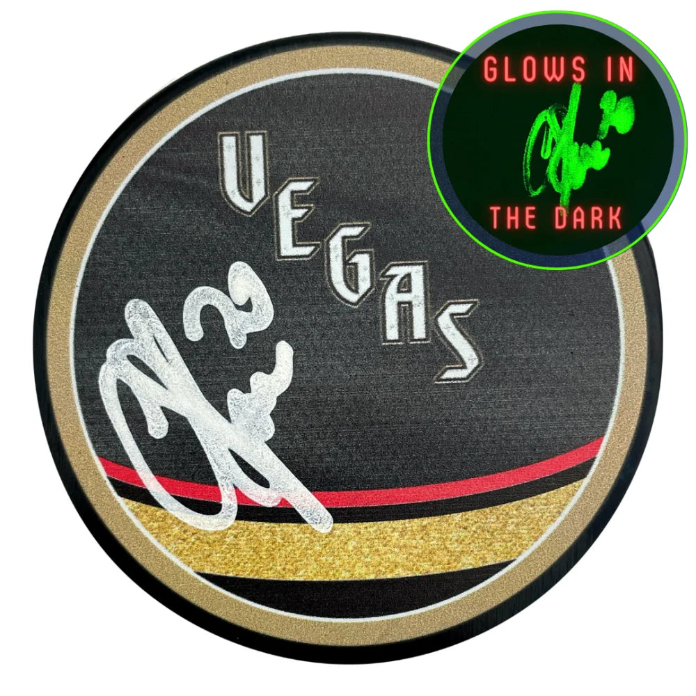 Chandler Stephenson Autographed Vegas Golden Knights Retro Glow-in-the-Dark Hockey Puck with COA & IGM - Collectible Memorabilia for NHL Fans, Home Decor & Sports Gift