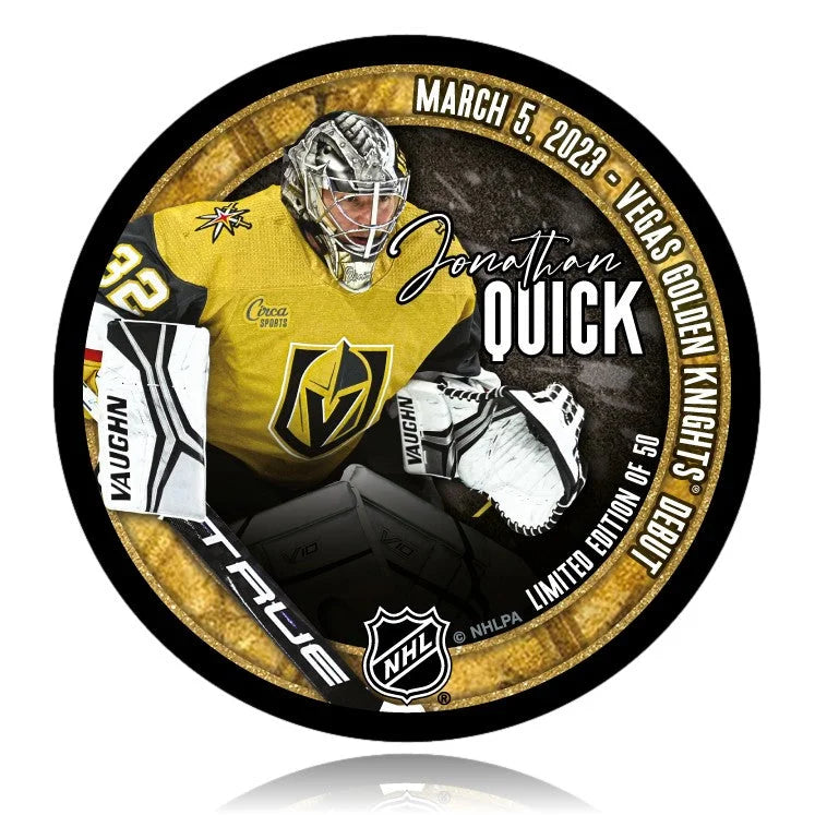 Jonathan Quick Signed Vegas Golden Knights Debut Game Puck #D/32 - Limited Edition Autographed Hockey Collectible - Perfect for NHL Fans, Sports Memorabilia Collectors, and Home/Office Decor
