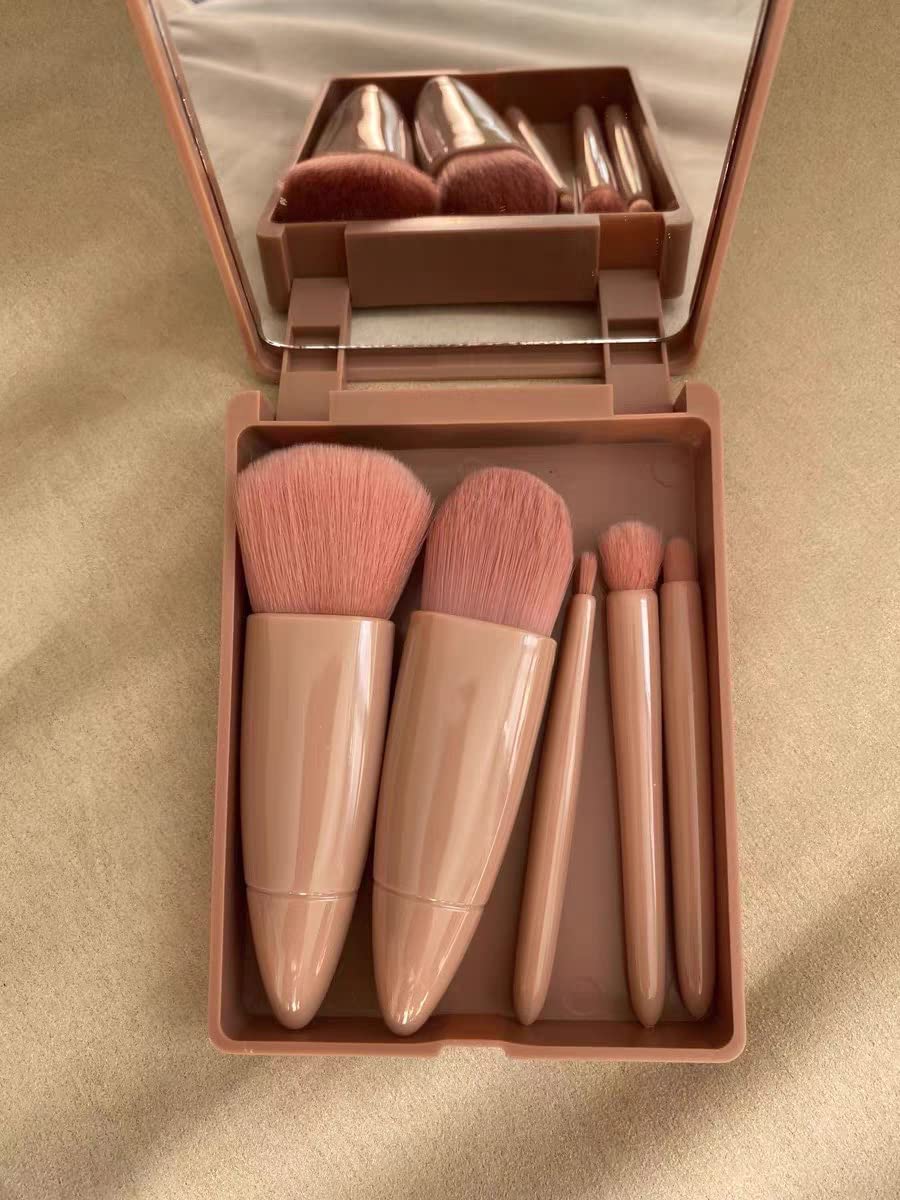 MINISO 5-Piece Travel Makeup Brush Set with Mirror & Case - Lip, Blending, Powder & Eyeshadow Brushes - Portable Cosmetic Kit for On-the-Go Makeup Application | Perfect for Travel, Gym & Touch-Ups