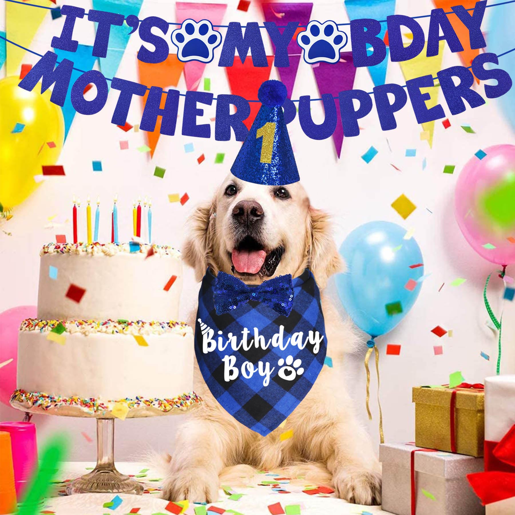 **Blue XL Dog Birthday Bandana, Hat & Bow Tie Set - 
