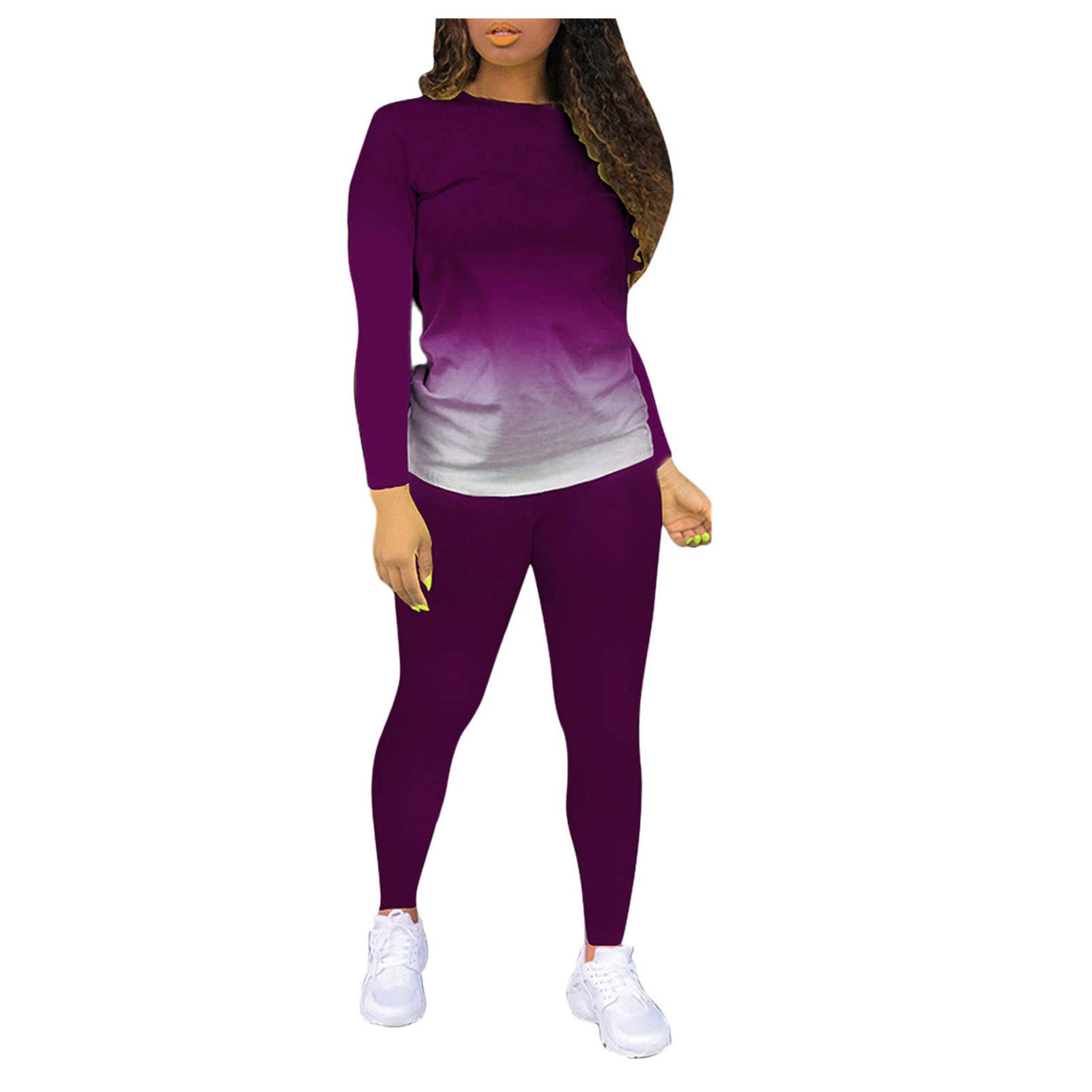 Women's 2-Piece Long Sleeve Printed Pajama Set - Gradient Home Wear Insulated Bib Outfit for Cozy Nights & Loungewear
