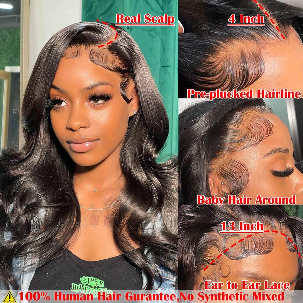 13x4 HD Transparent Lace Front Wig Human Hair - 180% Density Body Wave Pre Plucked Glueless Wig with Baby Hair for Black Women | 30 Inch Natural Black | Perfect for Daily Wear, Parties & Special Occasions