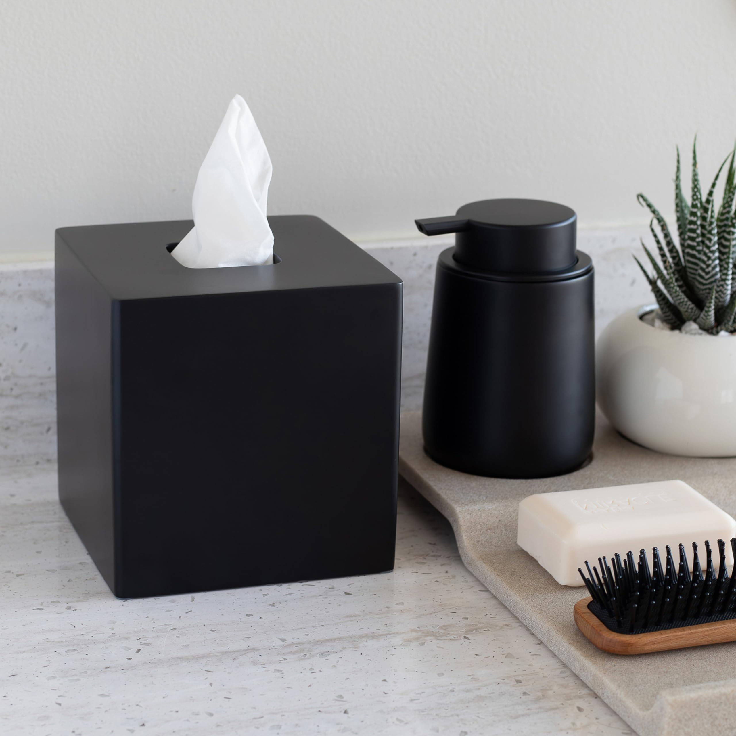Matte Black Square Tissue Box Cover - Stylish Decorative Tissue Box Holder for Bathroom, Living Room, Office & Bedroom | Perfect for Vanity Countertops, Nightstands, Cars & Desks | Home & Office Decor Accessory