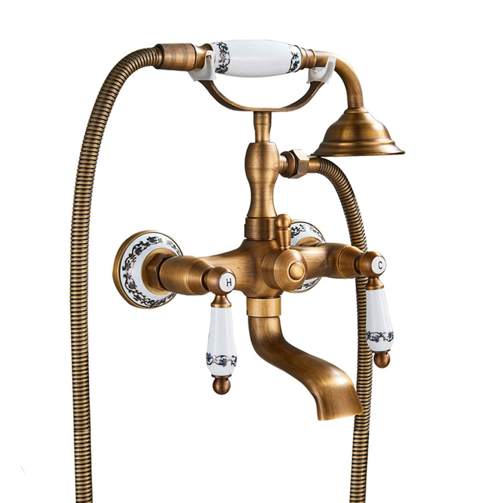 Antique Brass Bathtub Faucet with Handheld Shower - Luxury Wall Mount Tub Mixer Tap with Dual Handles - Vintage Bathroom Fixture for Classic & Modern Bathrooms