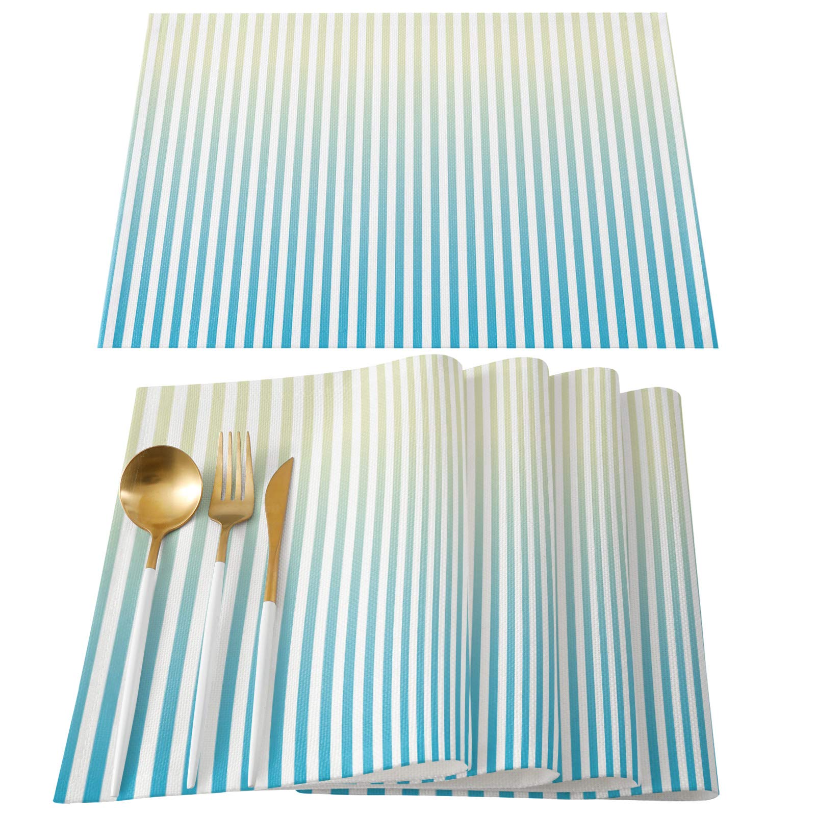 OUR WINGS Linen Burlap Placemats Set of 4 - Non-Slip, Heat-Resistant & Easy Clean Table Mats for Dining, Kitchen & Party Decor in Yellow & Green Gradient Stripes | Perfect for Everyday Meals, Dinner Parties & Holiday Gatherings