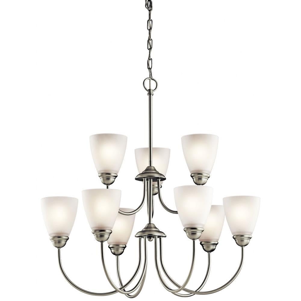 Kichler Jolie 28 Inch 9-Light Chandelier with Satin Etched Glass in Brushed Nickel - Elegant Dining Room Lighting for Home Decor