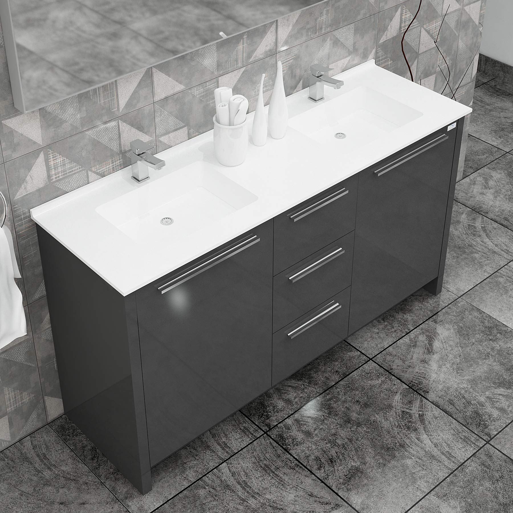 60 Inch Grey Wood Double Sink Bathroom Vanity - Pre-Assembled Modern Freestanding Cabinet with Acrylic Countertop, Soft Closing Doors & Drawers, Chrome Handles | Undermount Dual Sink for Master Bathroom or Guest Bath Remodel | Perfect for Contemporary Home Decor