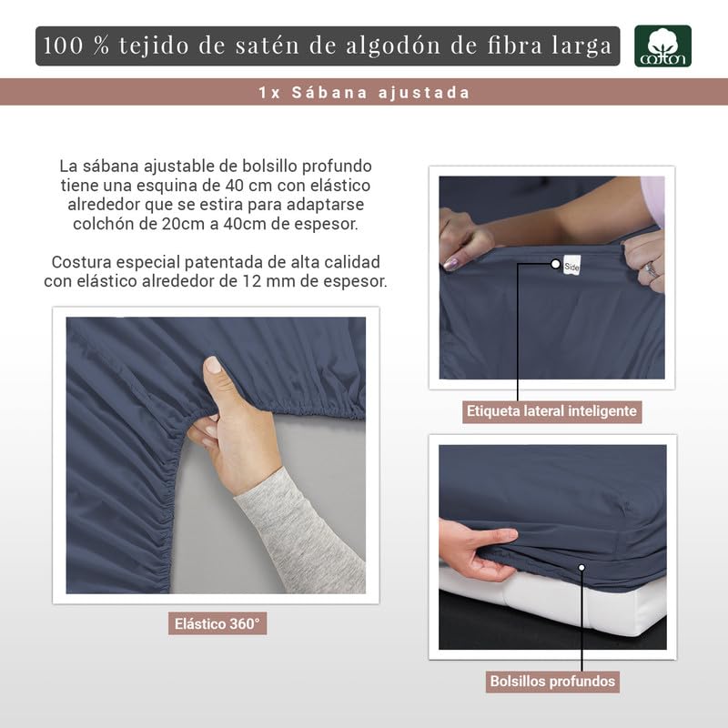 Premium 400 Thread Count 100% Long-Staple Cotton Sateen Fitted Sheet 105x200cm - Dark Blue Luxury Adjustable Deep Pocket for Mattresses up to 40cm Thick - Ideal for Master Bedrooms, Guest Rooms & Dormitories