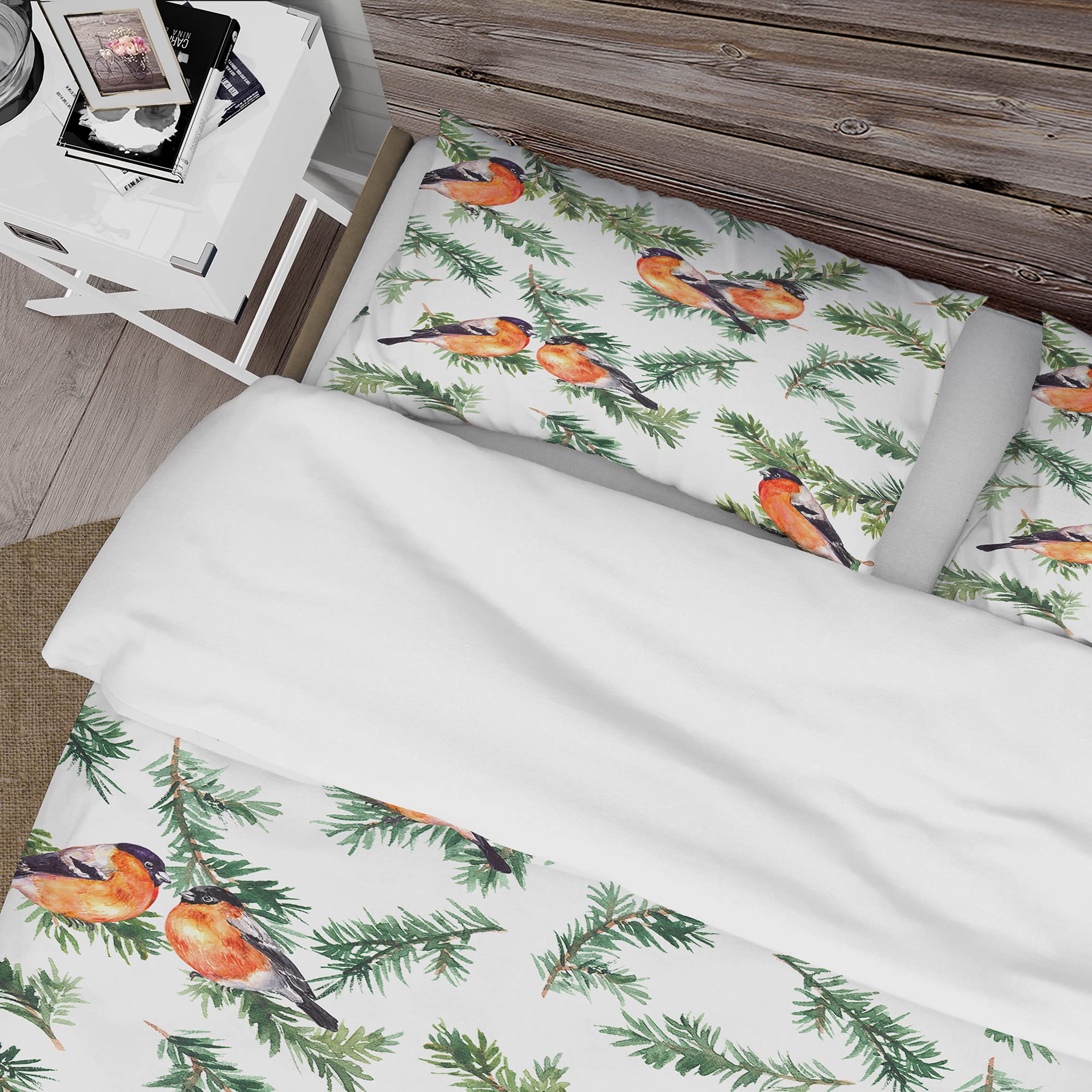 Traditional Red Robin Birds on Pine Branch Duvet Cover Set - Twin Size 3-Piece Bedding Set for All Seasons | Perfect for Cozy Bedrooms, Guest Rooms & Nature-Themed Decor