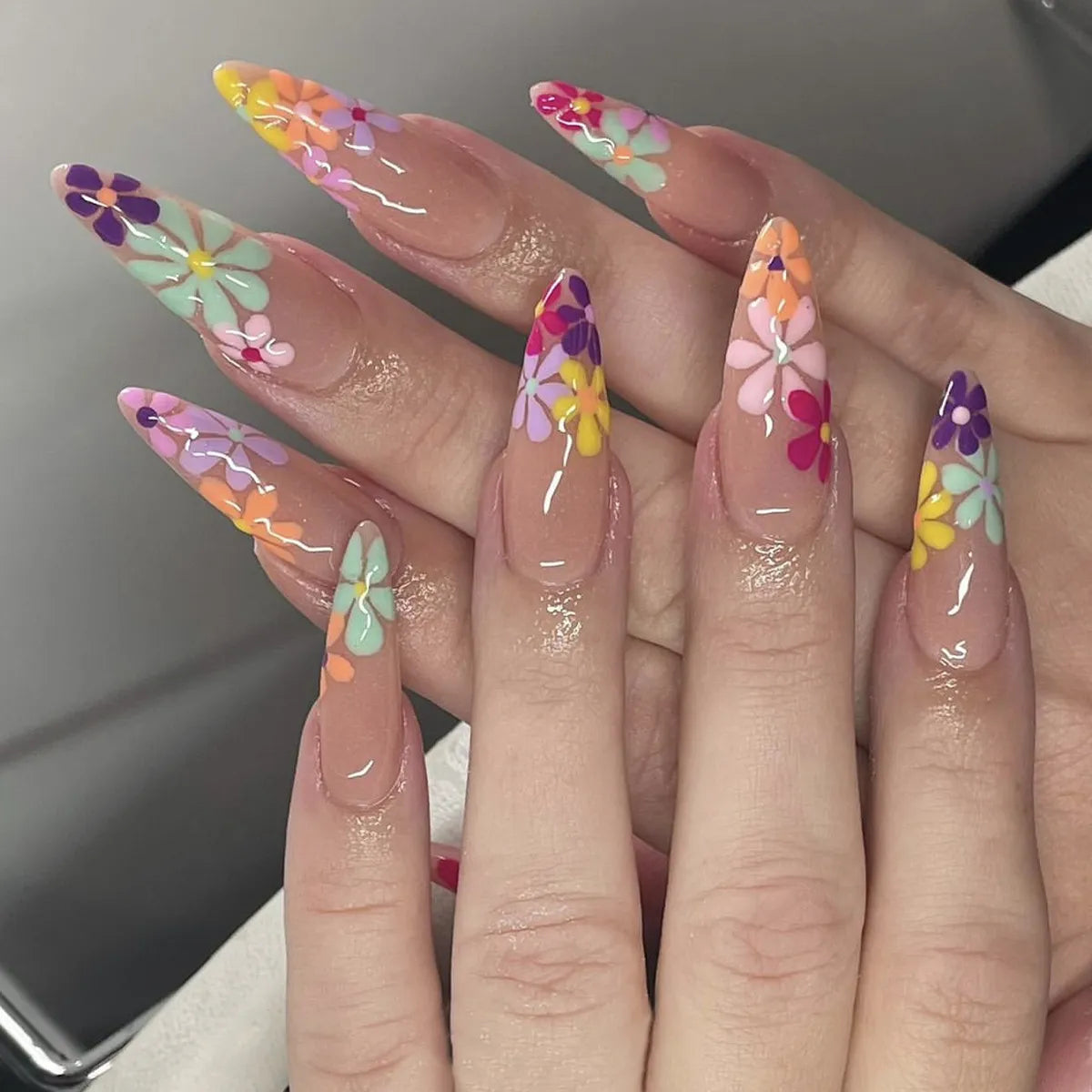 24Pcs Detachable Almond French Full Cover False Nails - Silver Butterfly Design Stiletto Press On Nails for DIY Manicure | Perfect for Parties, Weddings, and Special Occasions
