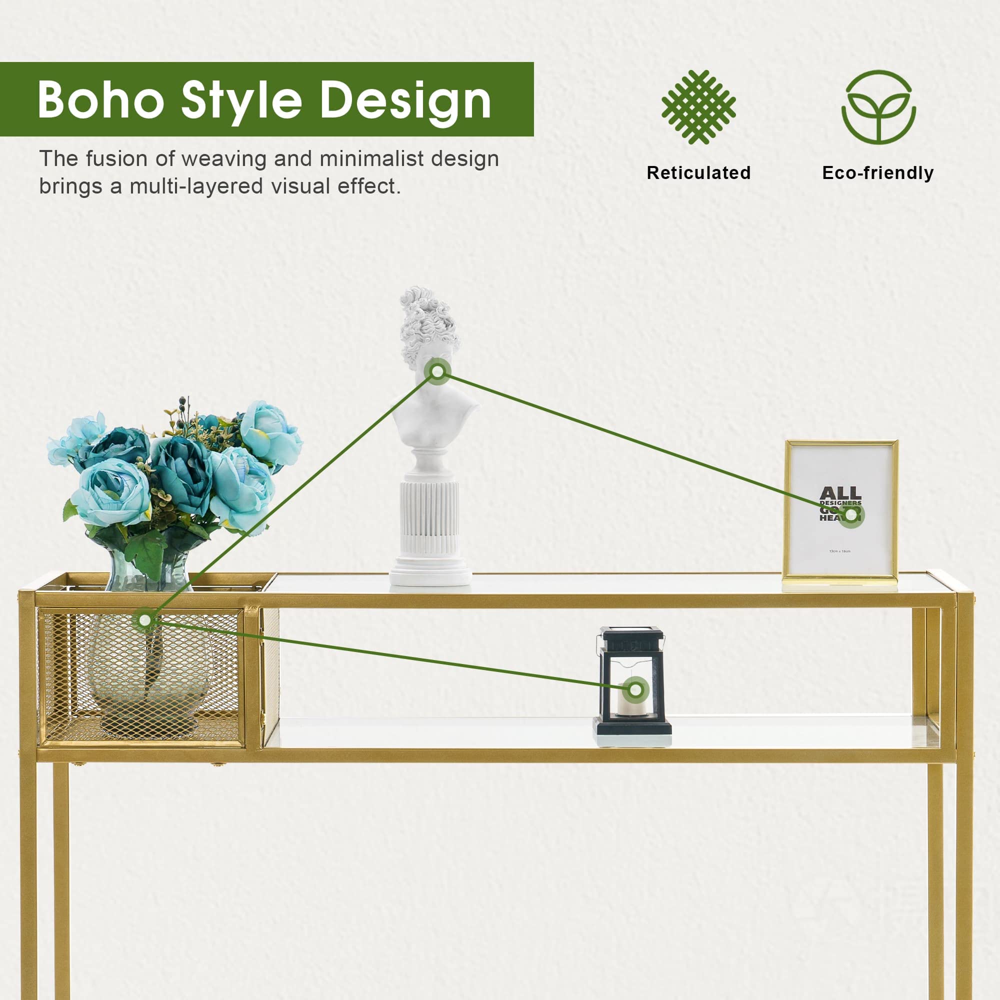 ivinta Narrow Console Table - Modern Entryway Table with Glass Shelves & Gold Metal Frame, 2-Tier Sofa Table for Living Room, Hallway, Accent Table, Computer Desk, TV Stand (CONS-76GS) - Perfect for Small Spaces, Apartment Decor & Stylish Home Office Setup