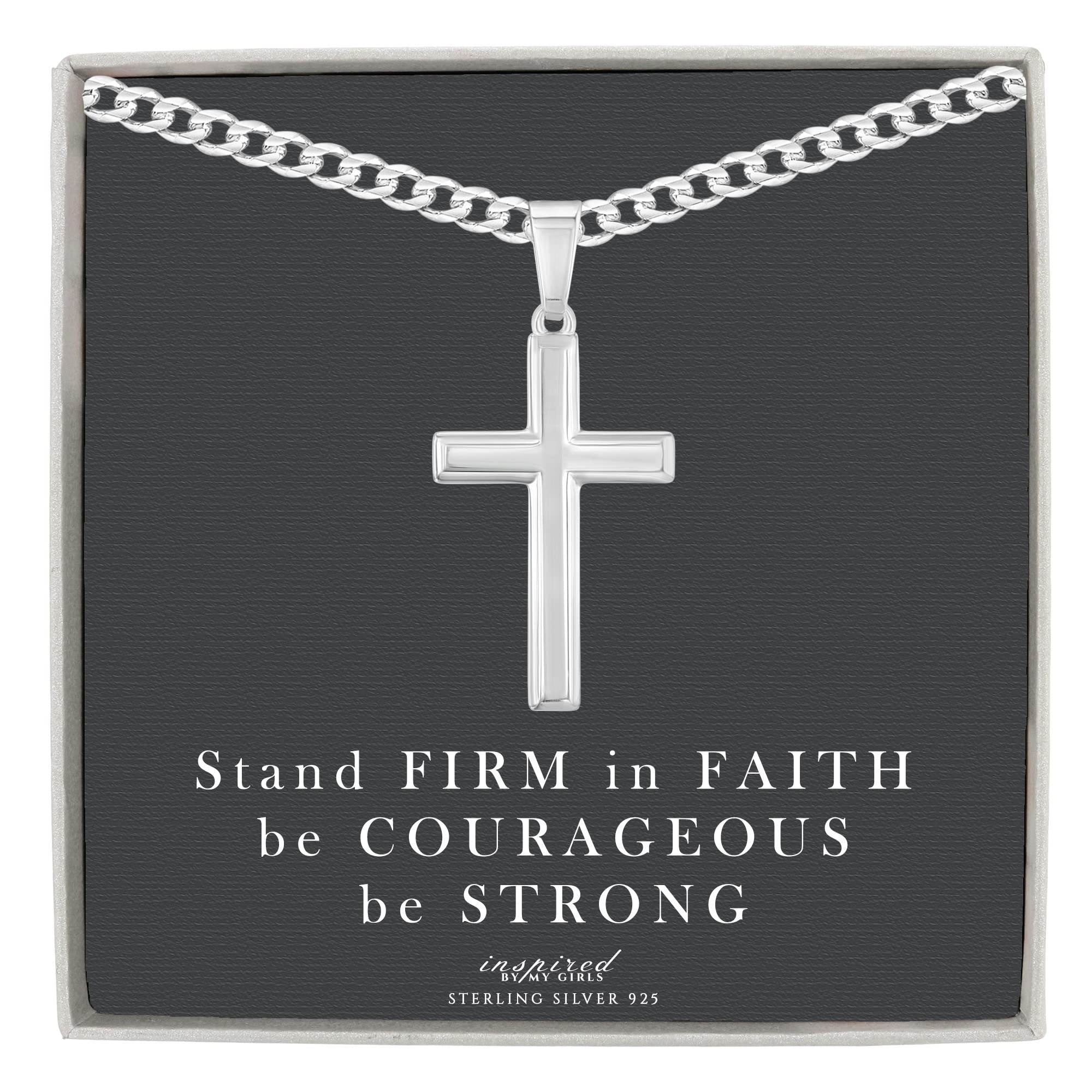 Men's Sterling Silver Cross Necklace with Curb Chain - Religious Jewelry Gift Set with Keepsake Card in Gift Box for Baptism, Confirmation & Special Occasions