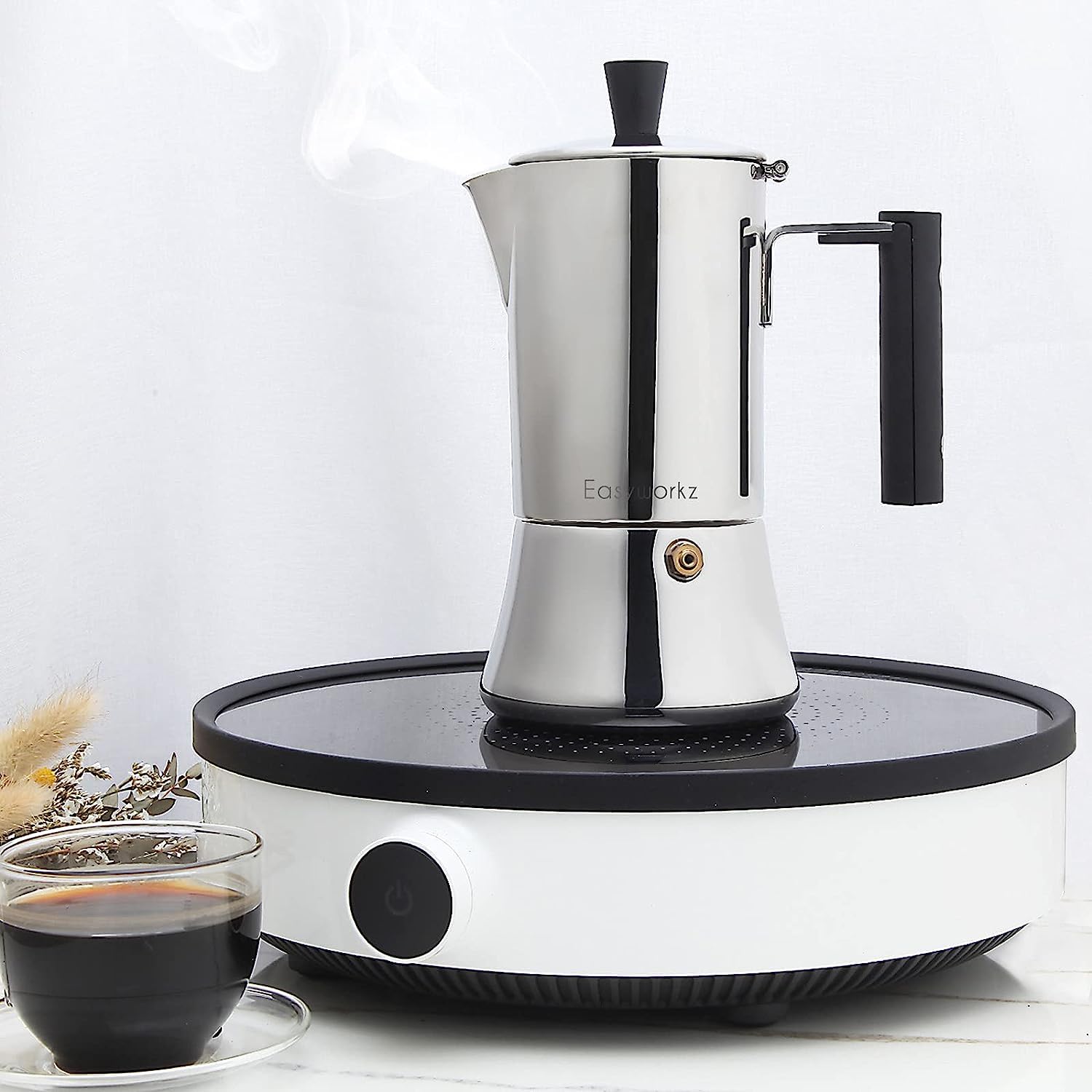 Easyworkz Pedro 4-Cup Stovetop Espresso Maker - 200ml Stainless Steel Italian Moka Pot for Induction & Gas Stoves - Perfect for Home, Office & Camping Coffee Brewing