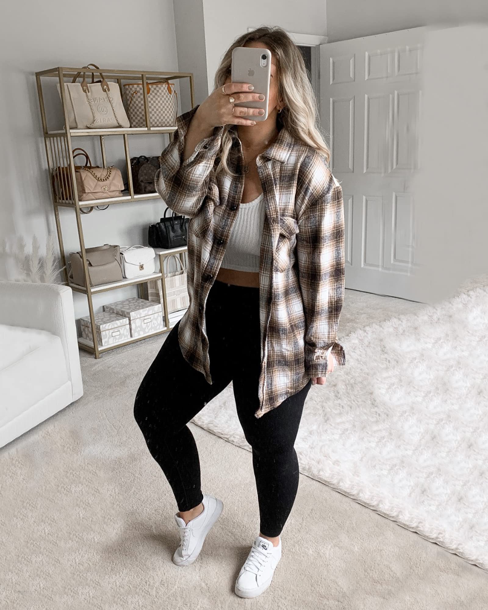 BTFBM Women's Plaid Flannel Shacket - Long Sleeve Button Down Casual Shirt Jacket for Fall & Spring | Loose Fit Blouse Top for Work, Outdoor & Daily Wear (2025 Fashion)