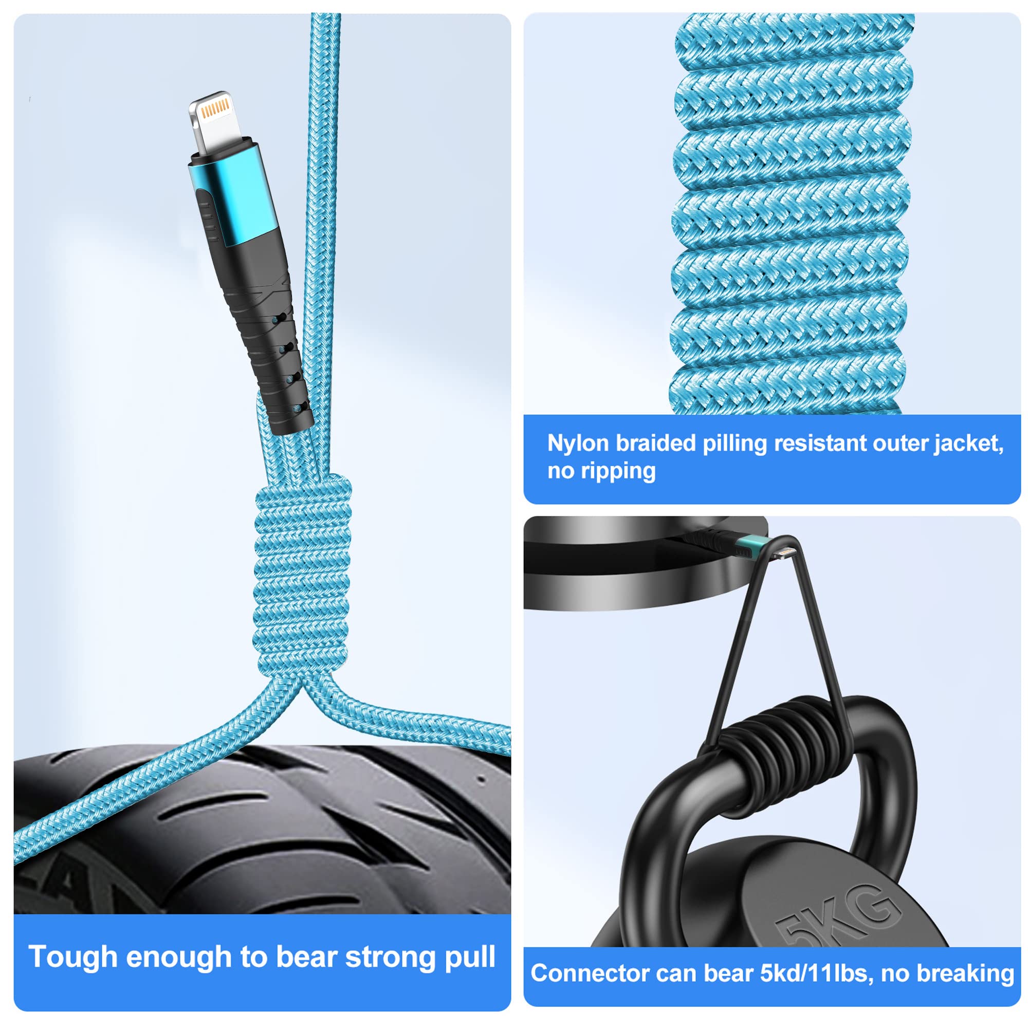 Apple MFi Certified iPhone Charger - 3 Pack 10ft Lightning Cable Fast Charging Compatible with iPhone 13/12/11 Pro/11/XS MAX/XR/8/7/6s/6/5S/SE & iPad - Durable Charging Cord for Home, Office & Travel (Blue)