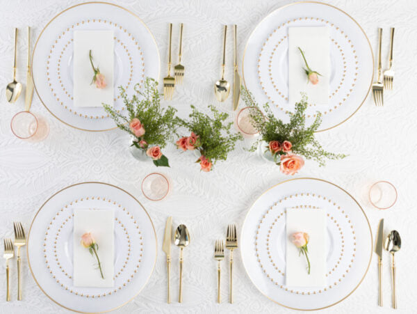 32-Pack White and Gold Round Plastic Dinnerware Set for 16 Guests - Elegant Beaded Design - Perfect for Weddings, Parties, and Special Events
