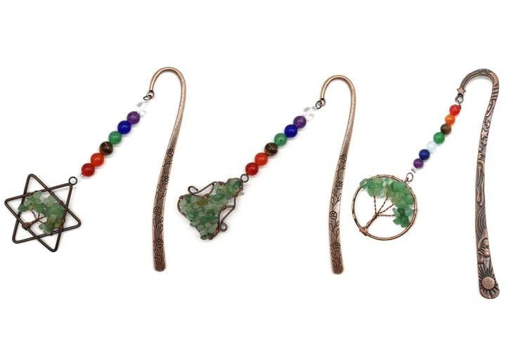 7 Chakra Healing Metal Bookmarks with Beaded Star of David & Tree of Life Pendants - Spiritual Meditation Gifts for Yoga, Reiki & Book Lovers (Green Set)