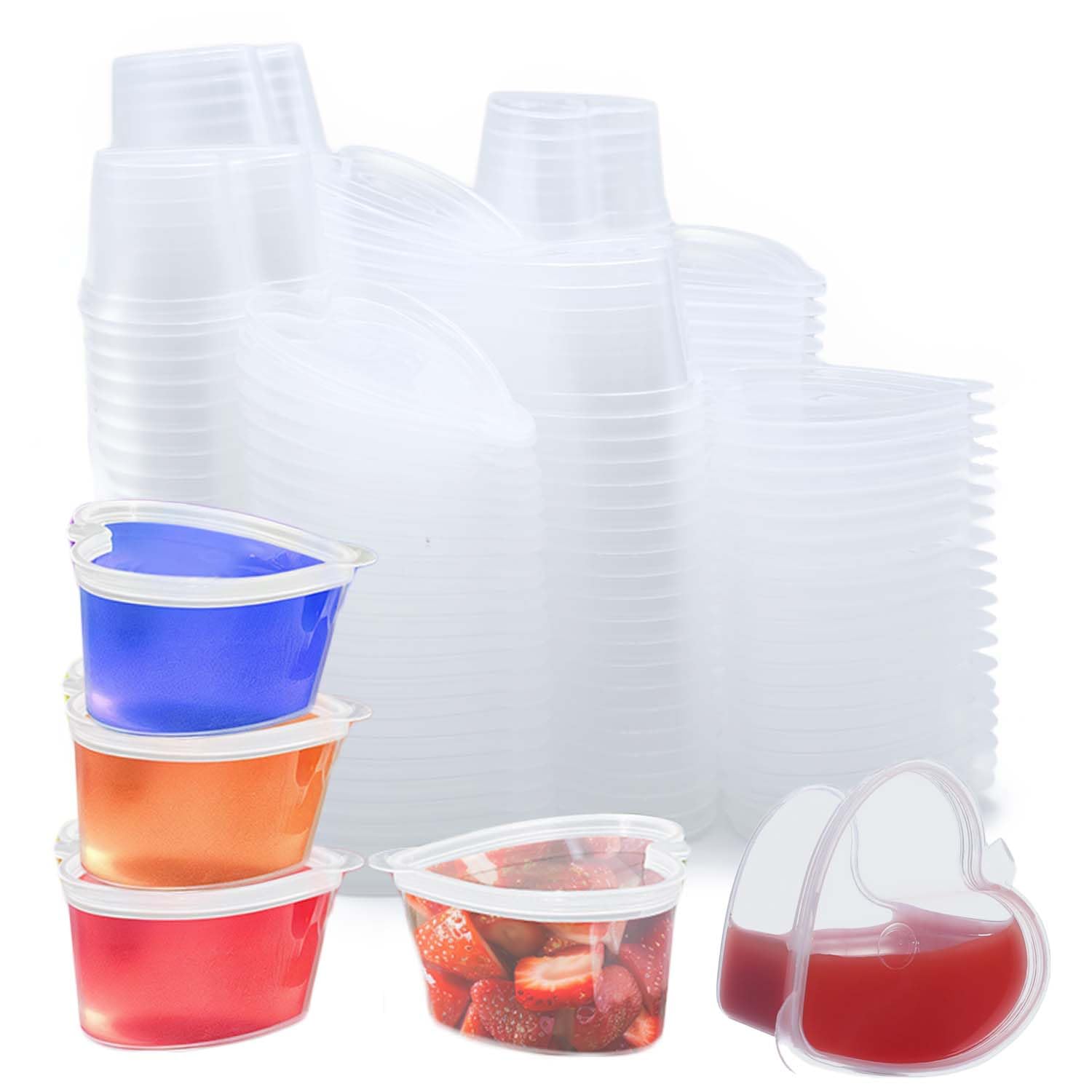 100 Sets 1.5oz Clear Heart Shaped Plastic Jello Shot Cups with Lids - Disposable Mini Portion Containers for Condiments, Dipping Sauces, Souffle, Tasting Samples | Perfect for Parties, Catering, Restaurants & Takeout