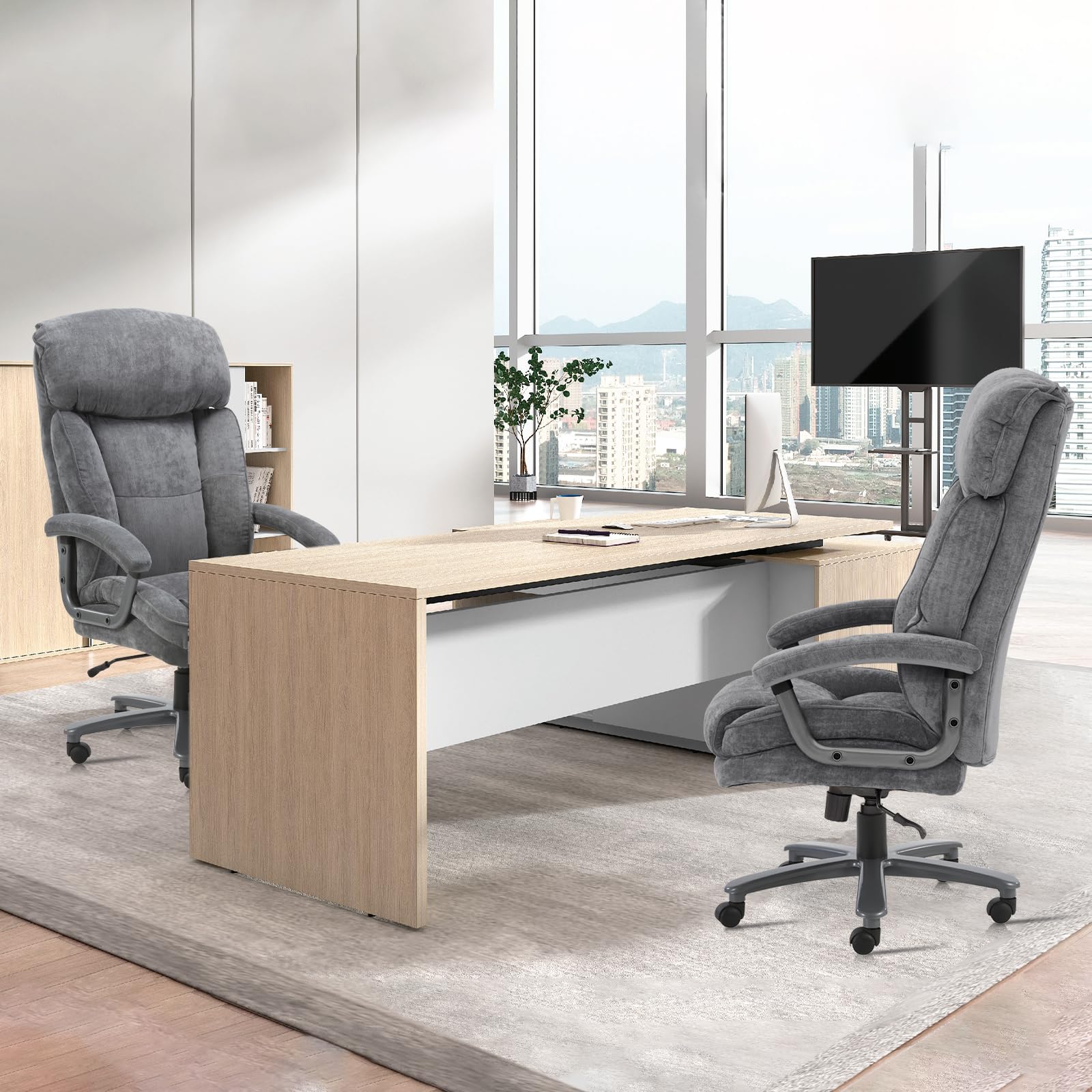 CLATINA Ergonomic Big and Tall Executive Office Chair - 400lbs Weight Capacity, Adjustable Height, Thick Padding, Headrest & Armrest - Grey Upholstered Swivel Chair for Home Office | Perfect for Long Work Hours & Comfortable Workspace