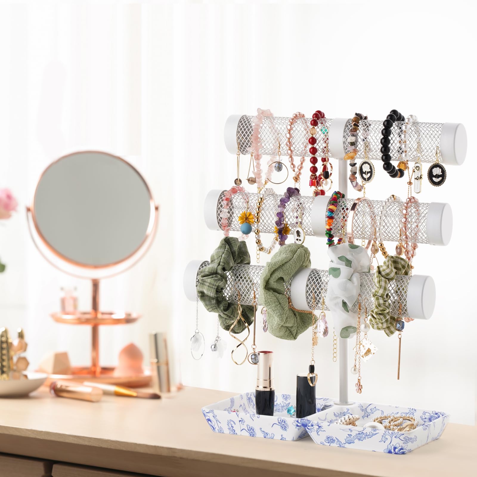 3-Tier Bracelet Holder & Jewelry Organizer Stand - Display Bracelets, Earrings, Necklaces, Watches & Scrunchies - Elegant Porcelain Ring Tray - Perfect Gift for Women (Home Decor, Boutique Display, Jewelry Storage)