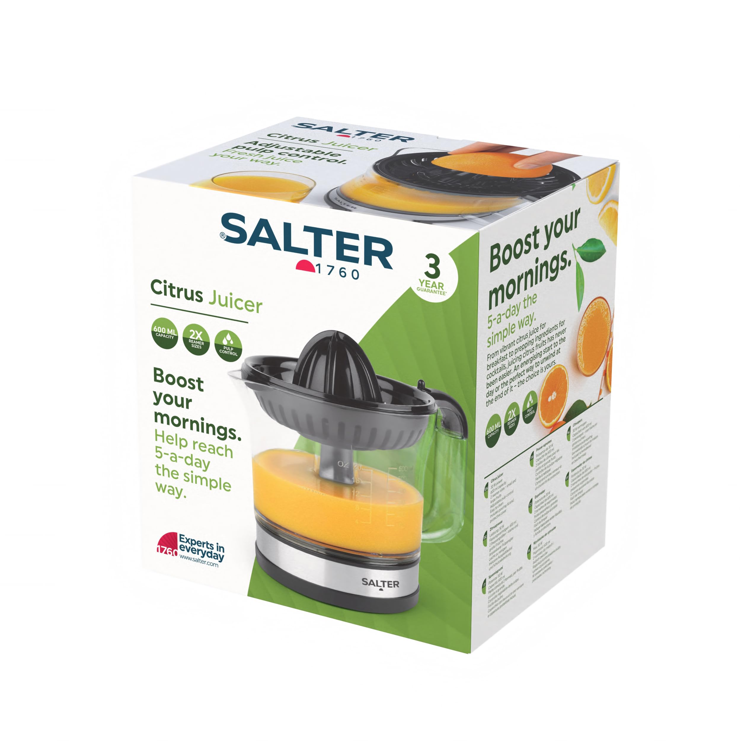 Salter EK5025 Electric Citrus Juicer - 600ml BPA-Free Fruit Juice Extractor with 2 Juicing Cones, Adjustable Pulp Control for Smooth or Chunky Juice | Perfect for Baking, Cocktails, Breakfast & Healthy Living
