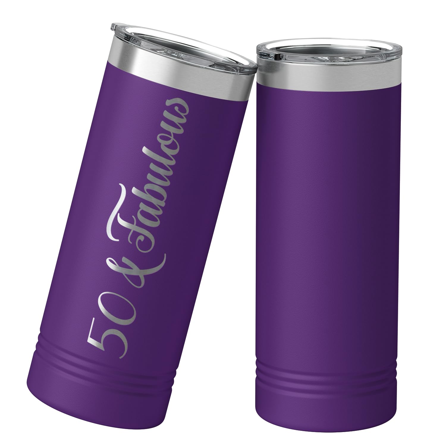 50 & Fabulous 22 oz Skinny Tumbler - Vacuum Insulated Cup for Women's 50th Birthday Gifts with Purple Decorations - Perfect for Coffee, Tea & Cold Drinks at Home, Office or Travel
