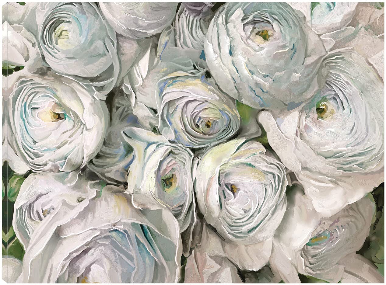 Premium White Ranunculus Floral Canvas Wall Art - Hand-Painted Fine Art Print for Home & Office Decor - Ready to Hang 32x24 Inches - Perfect for Living Room, Bedroom, Bathroom, Kitchen, Office, Bar & Dining Room Decor