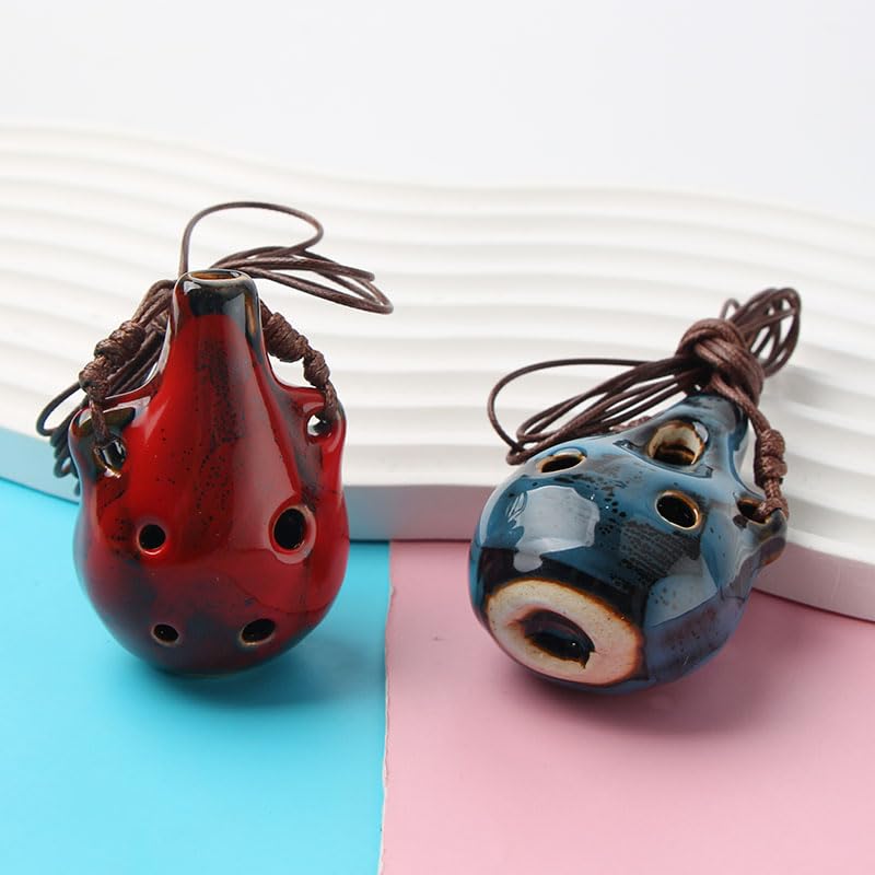2Pcs Handcrafted Ceramic Ocarina Flute - 6-Hole Musical Instrument in Red & Blue for Beginners & Collectors | Perfect Gift for Music Lovers, Home Decor & Meditation Use