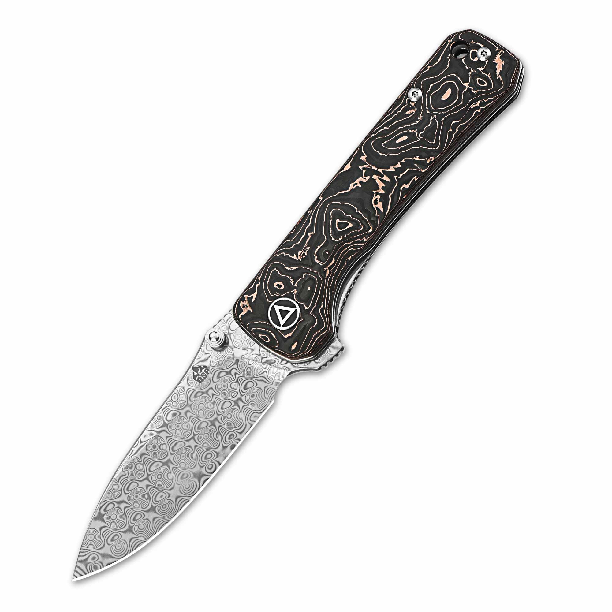 QSP Hawk Liner Lock Pocket Knife - Damascus/S35VN Blade, Copper Foil Carbon Fiber Handle - EDC, Outdoor, Camping & Survival Tool