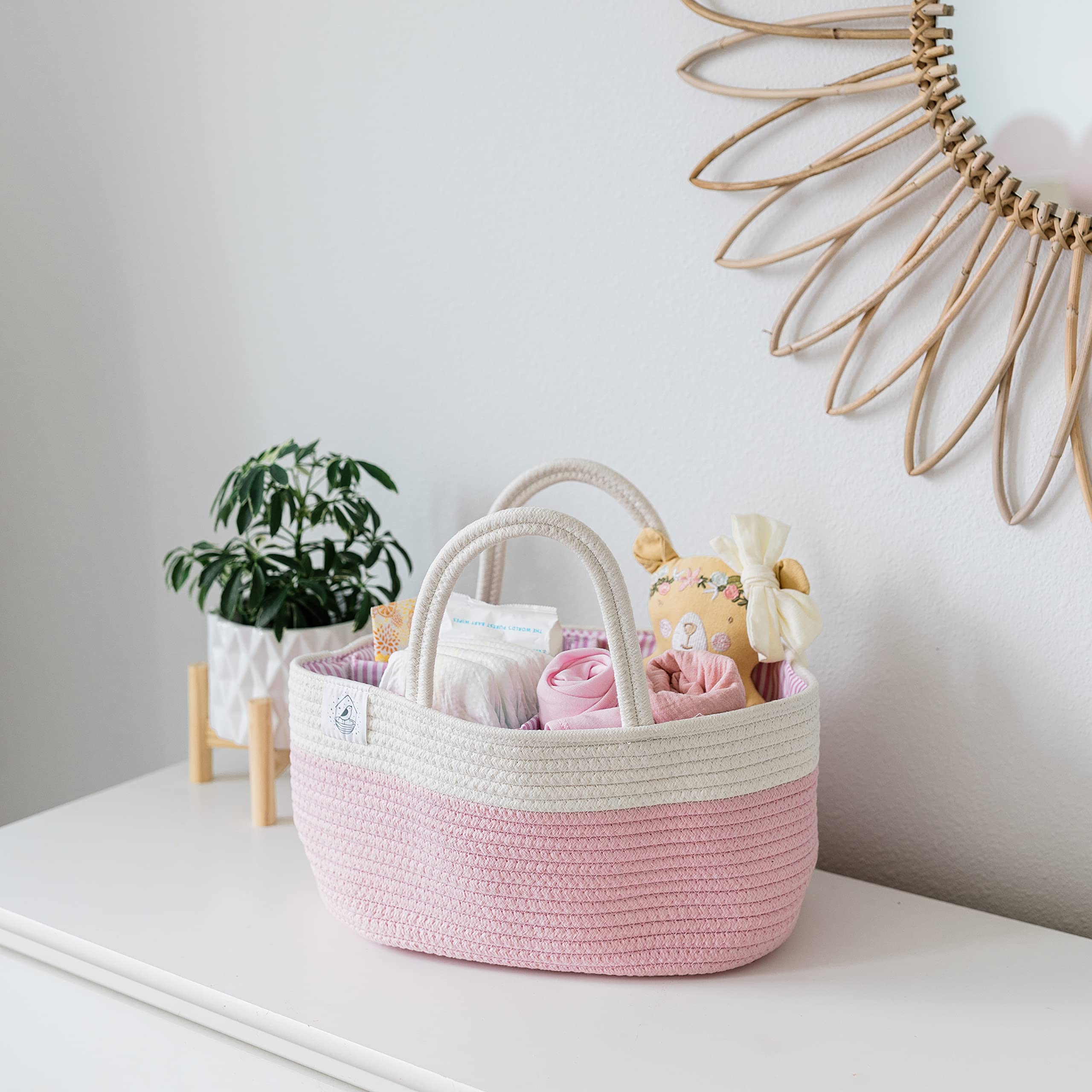 OrganiHaus Rope Diaper Caddy Basket - Baby Changing Station Organizer with Dividers & Handles | Nursery Storage Solution | Perfect Baby Shower Gift for Newborns | Pink Changing Table Basket for Diapers, Wipes & Essentials