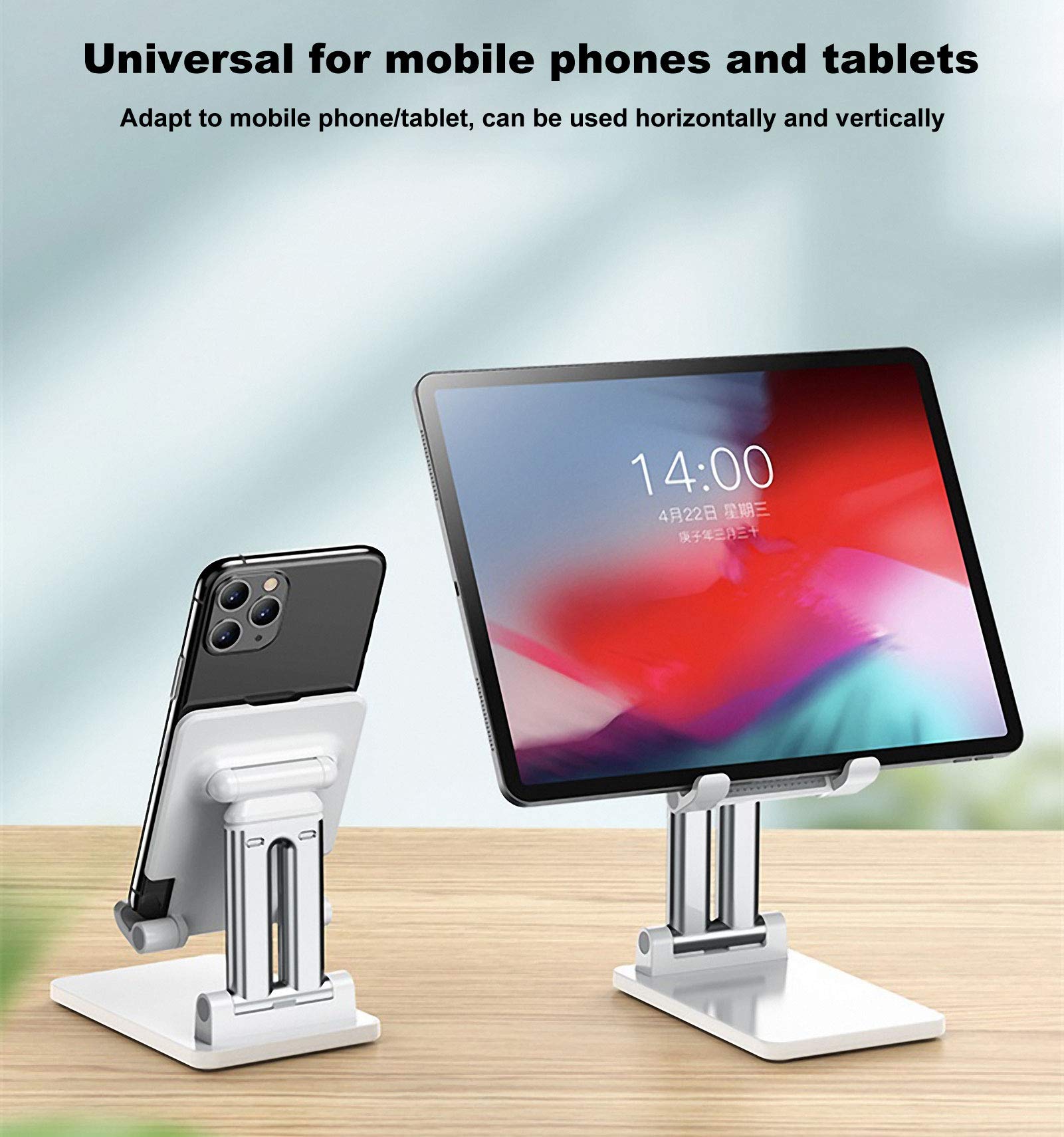 Adjustable Cell Phone Stand with Dual Tube Foldable Design - Portable Tablet Holder for Desk, Anti-Slip Phone Stand Compatible with iPad, iPhone & Smartphones (White) - Perfect for Office, Home & Travel Use